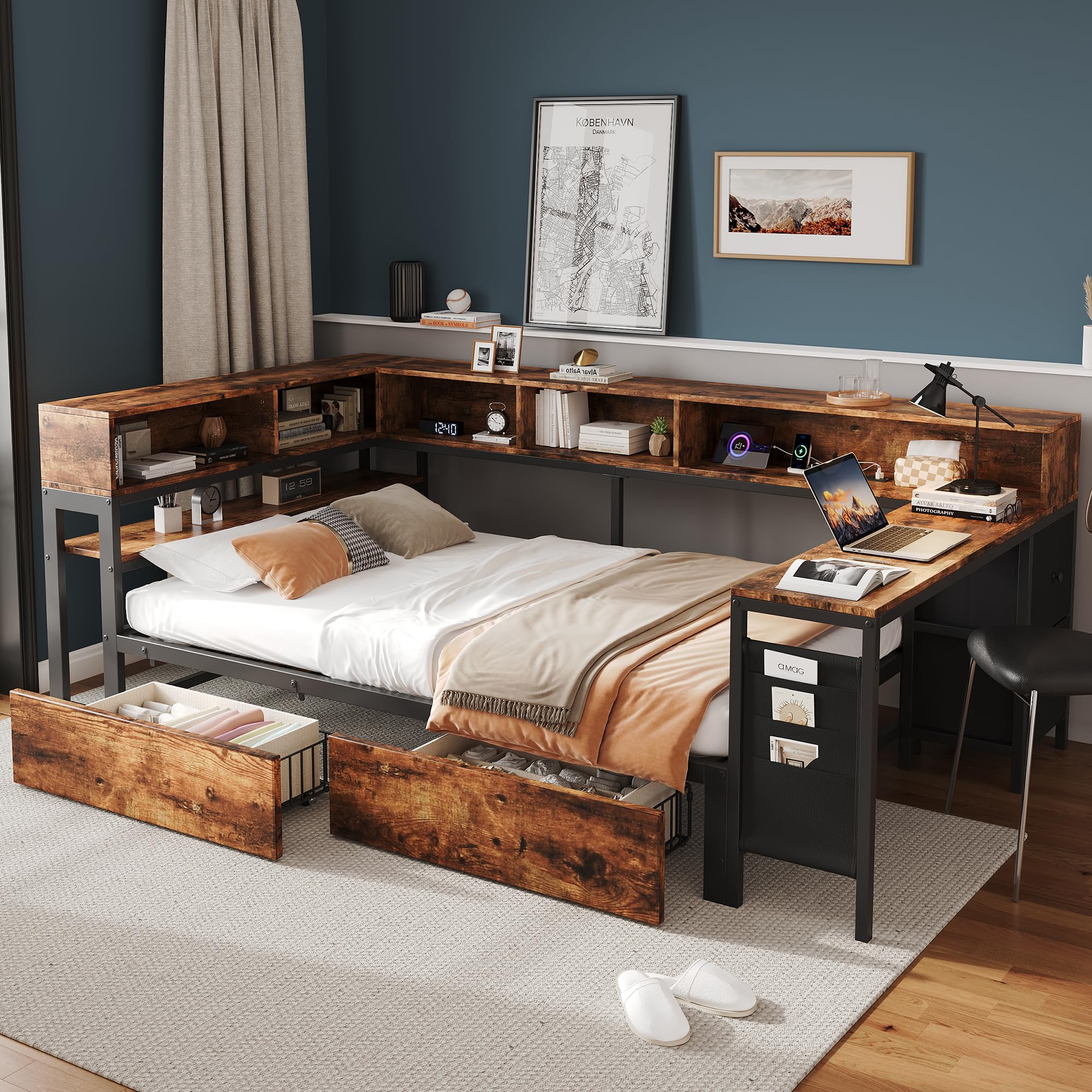 Lit Banquette 120x200cm Canapé Lit avec Prise, Bureau et 2 Tiroirs de Rangement Intégrés, 6 Étagères Ouvertes, Sommier Métallique, sans Matelas