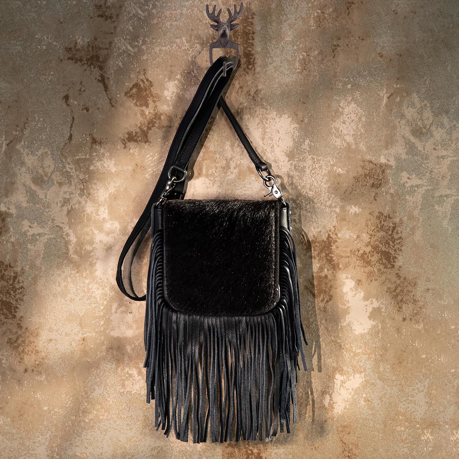 Montana West Cowhide Purse Fringe Western Purses for Women Small Crossbody Bags Wallet Leather Shoulder Cross Body Bag Crossbody Purse Black Western-RLC-L161BK