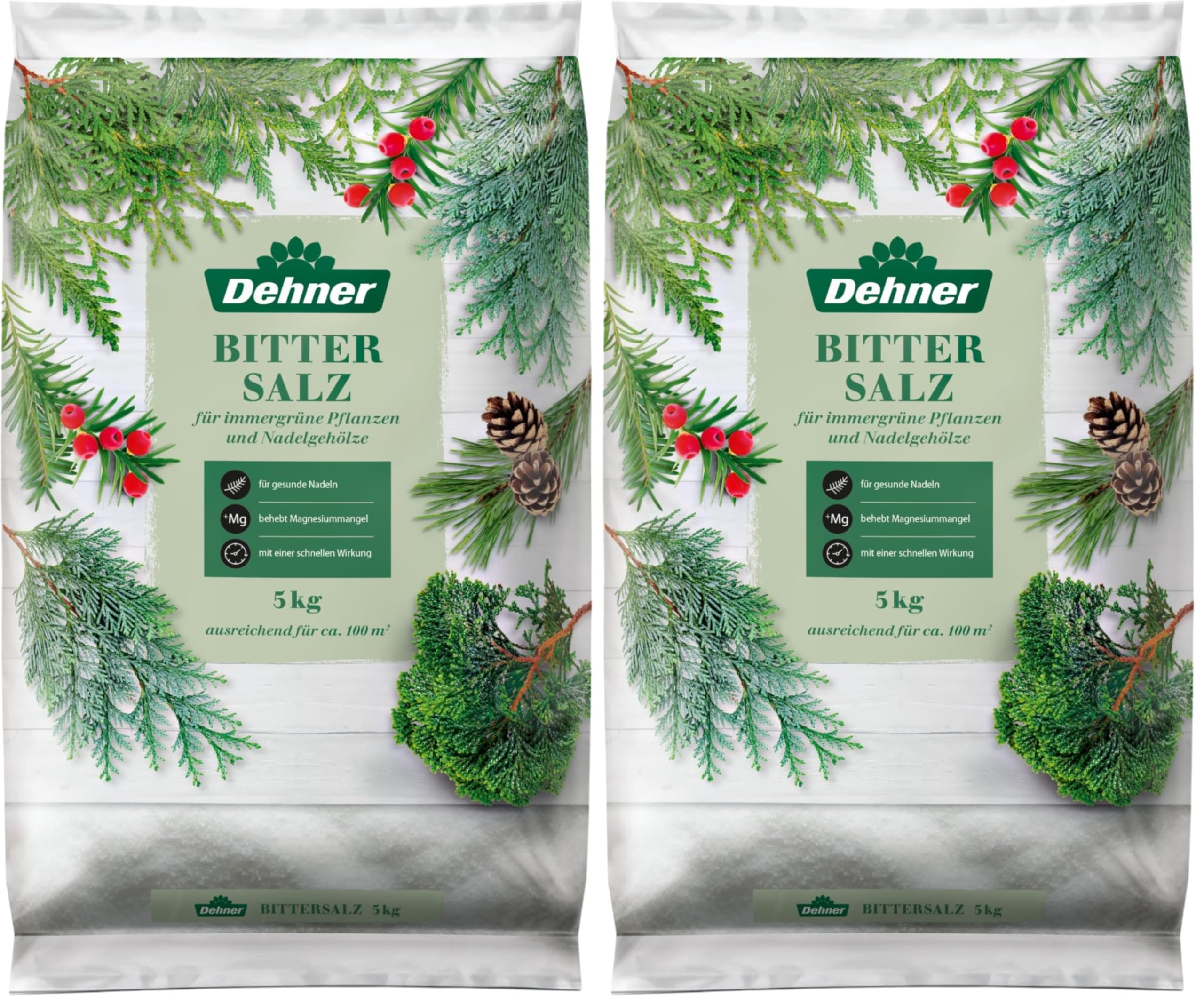 Dehner Bittersalz, hochwertiger Spezialdünger, Dünger für Thujen/Nadelgehölze, Magnesiumsulfat, mit Sofortwirkung, 5 kg, für ca. 100 qm, bunt (Packung mit 2)