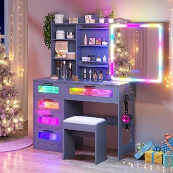 WOOVIVS Grey Makeup Vanity Desk with Lighted Miror&Stool for Girls/Women