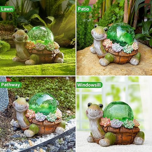 Miniatura 5 de Vasesun Luces solares de jardín para exteriores, decoración de estatuas de tortuga con vidrio agrietado, figurita LED, iluminación de resina,