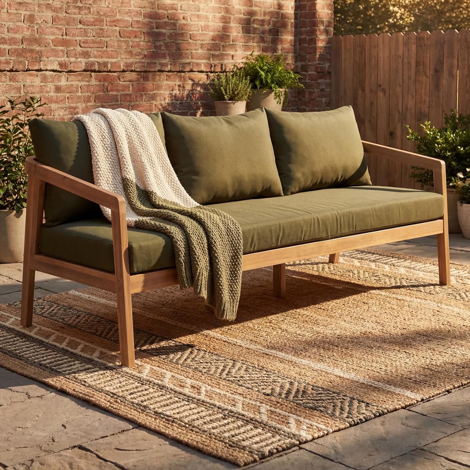 Christopher Knight Home Sures Acacia Wood Outdoor 3 Seater Sofa with Cushion, Solid Wood Patio Sofa with Removable Cushion, Comfy Lounge Sofa for Patio Furniture Set, Natural+Olive Green