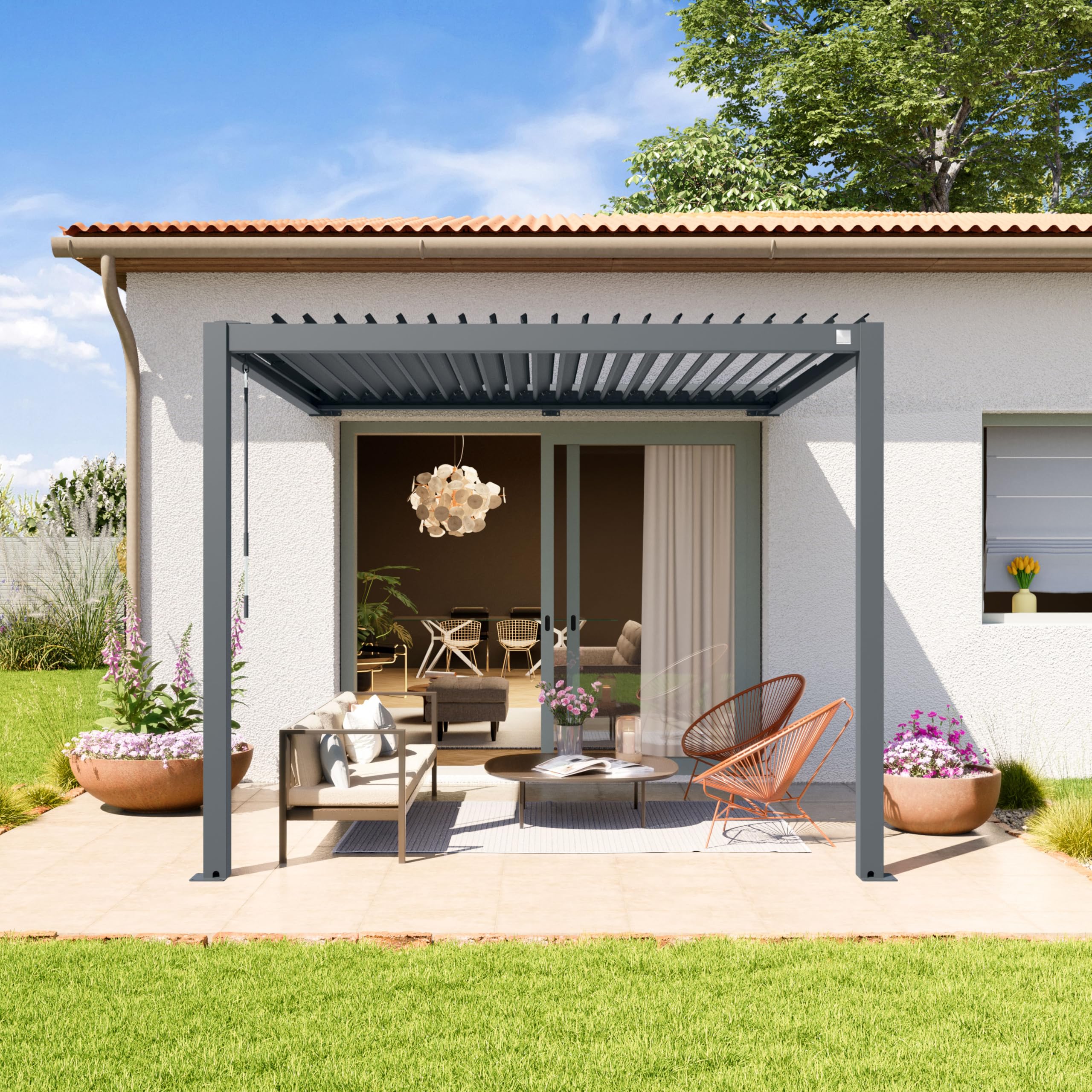 PRIMEYARD Pergola addossata 3x3 m montanti in alluminio con tetto a doghe in acciaio pergola a muro color antracite