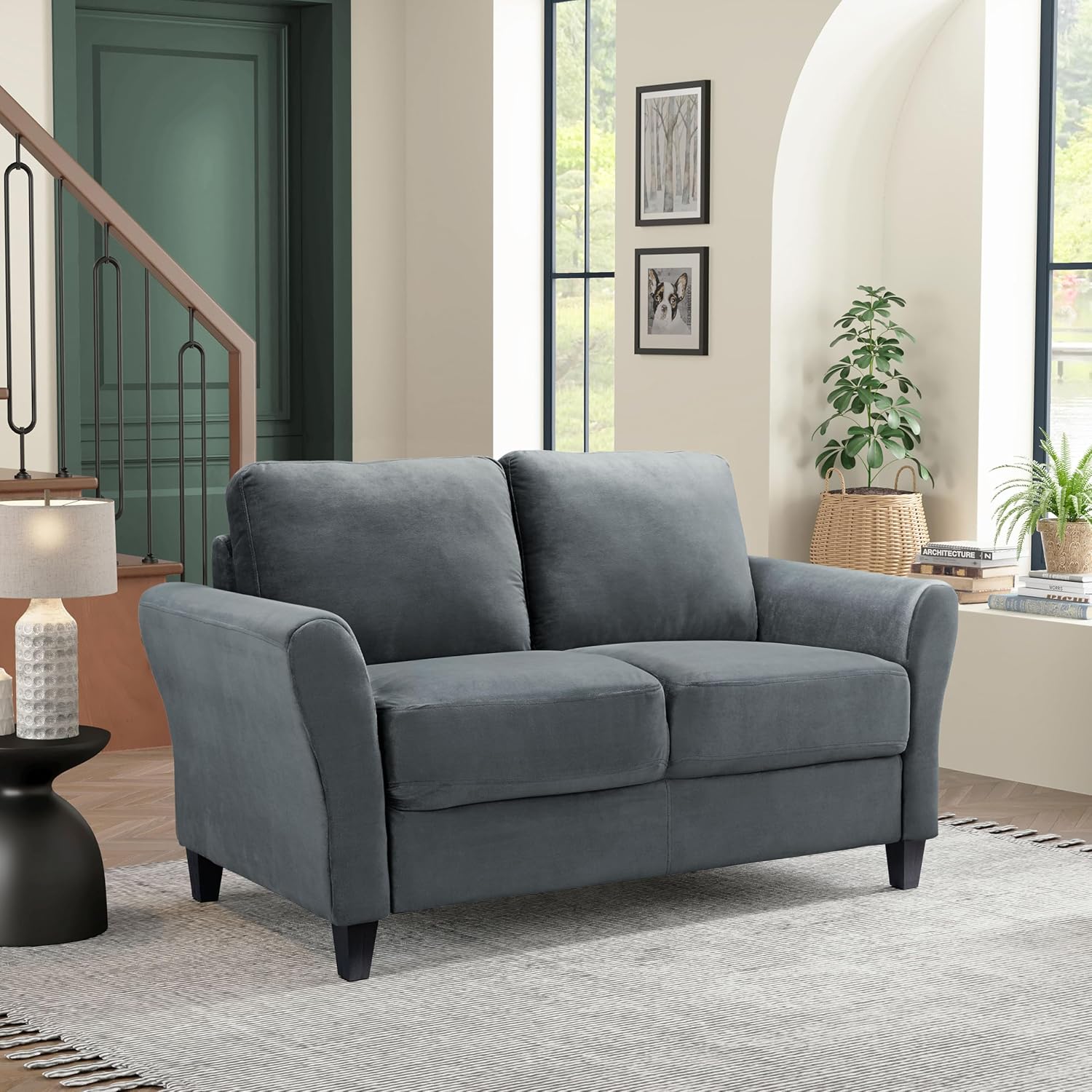 Studio Living Watford 57.9" Loveseat, Traditional Style, Pocket Coil Comfort, Black Legs, Microfiber Fabric, Dark Gray