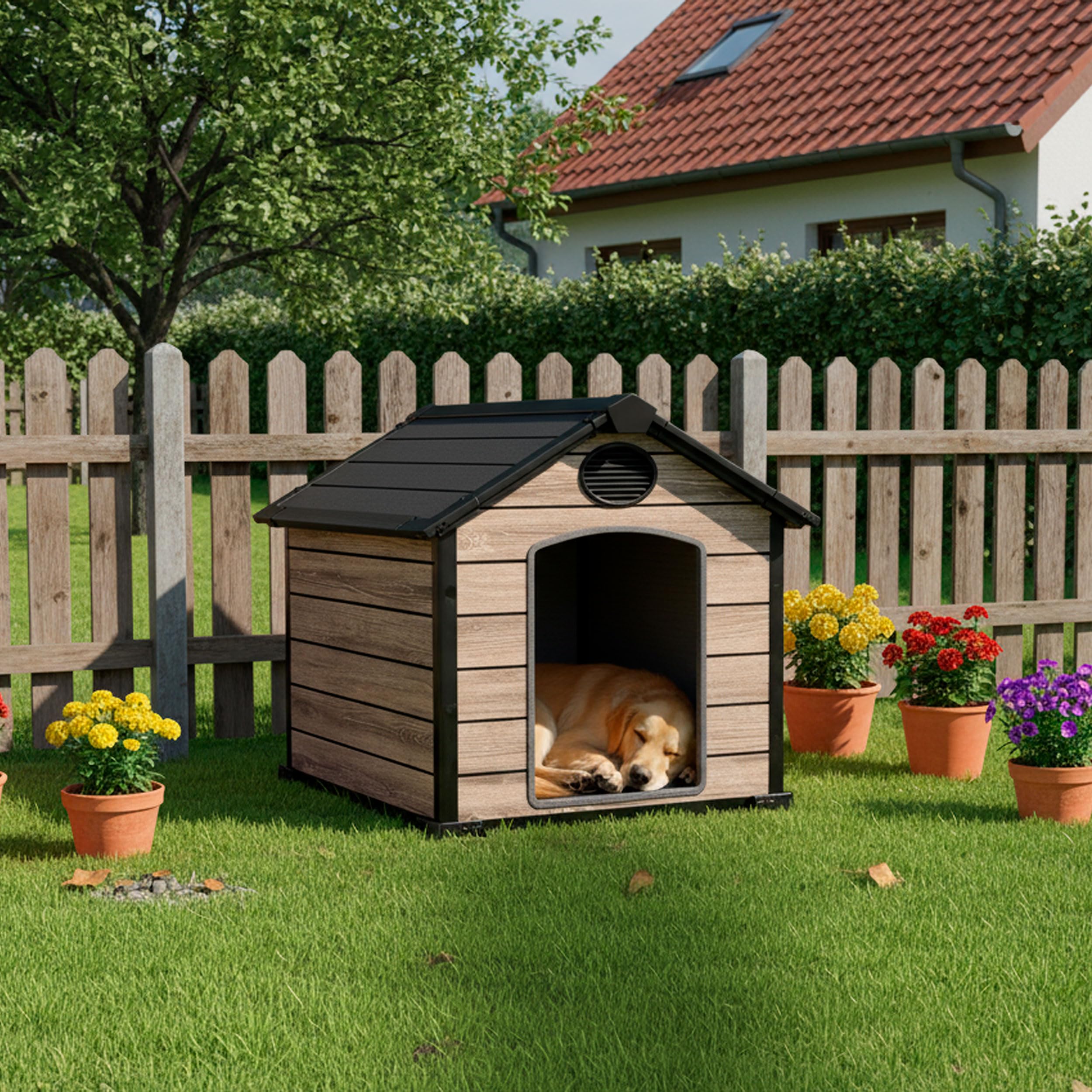 Hoggar - Caseta Perros Exterior - 102x115x105cm - Suelo Incluido - 2 Respiraderos de Ventilación - Protección UV e Impermeable – Efecto Madera - Casa para Mascotas Oak O10 de Resina