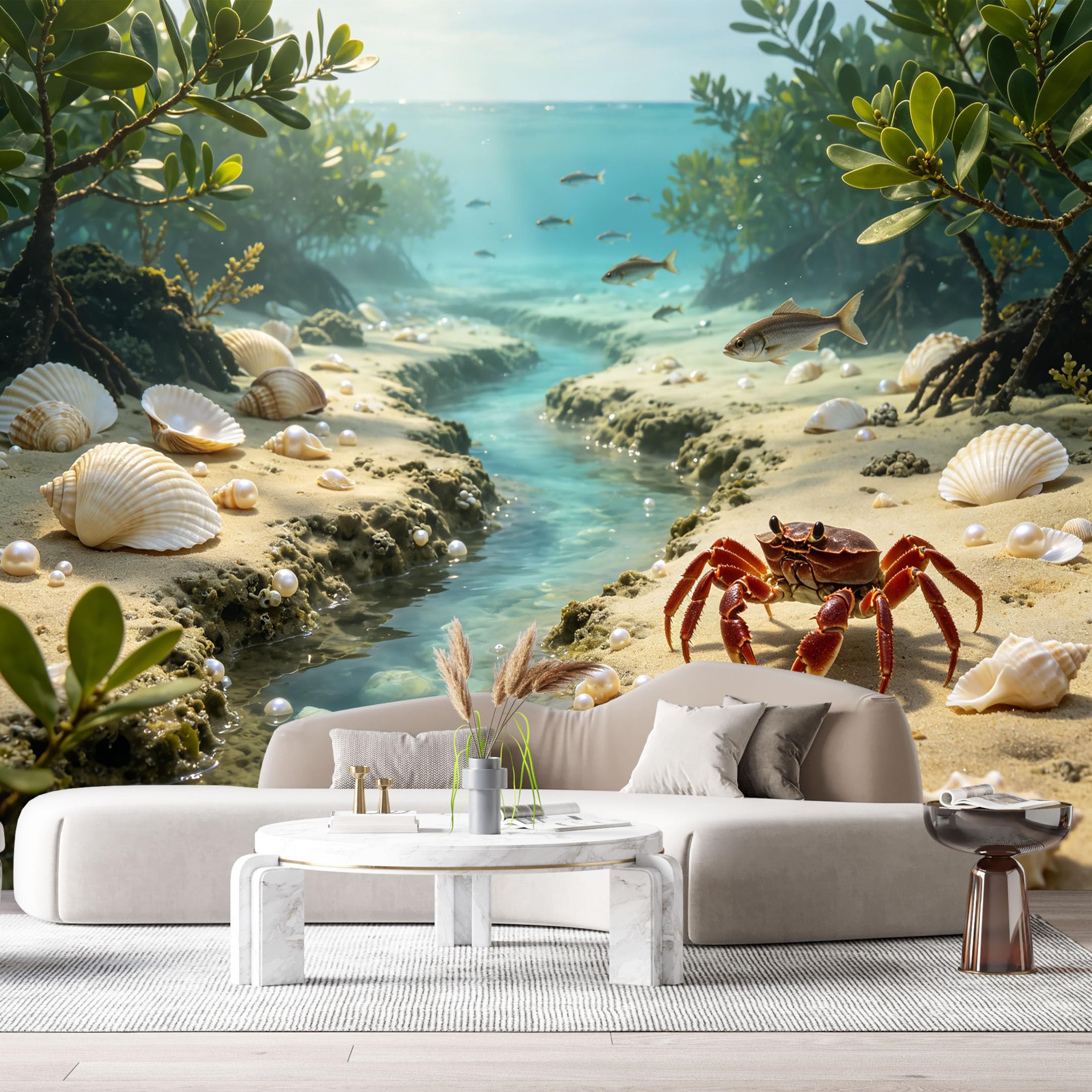 Custom Size Wall Murals Coastal Marine Watercolor Tropical Mangrove Crab Seashell Pearls SelfAdhesiveWall Fabric Removable Wallpaper Wall Decor for Living Room Bedroom Bathroom