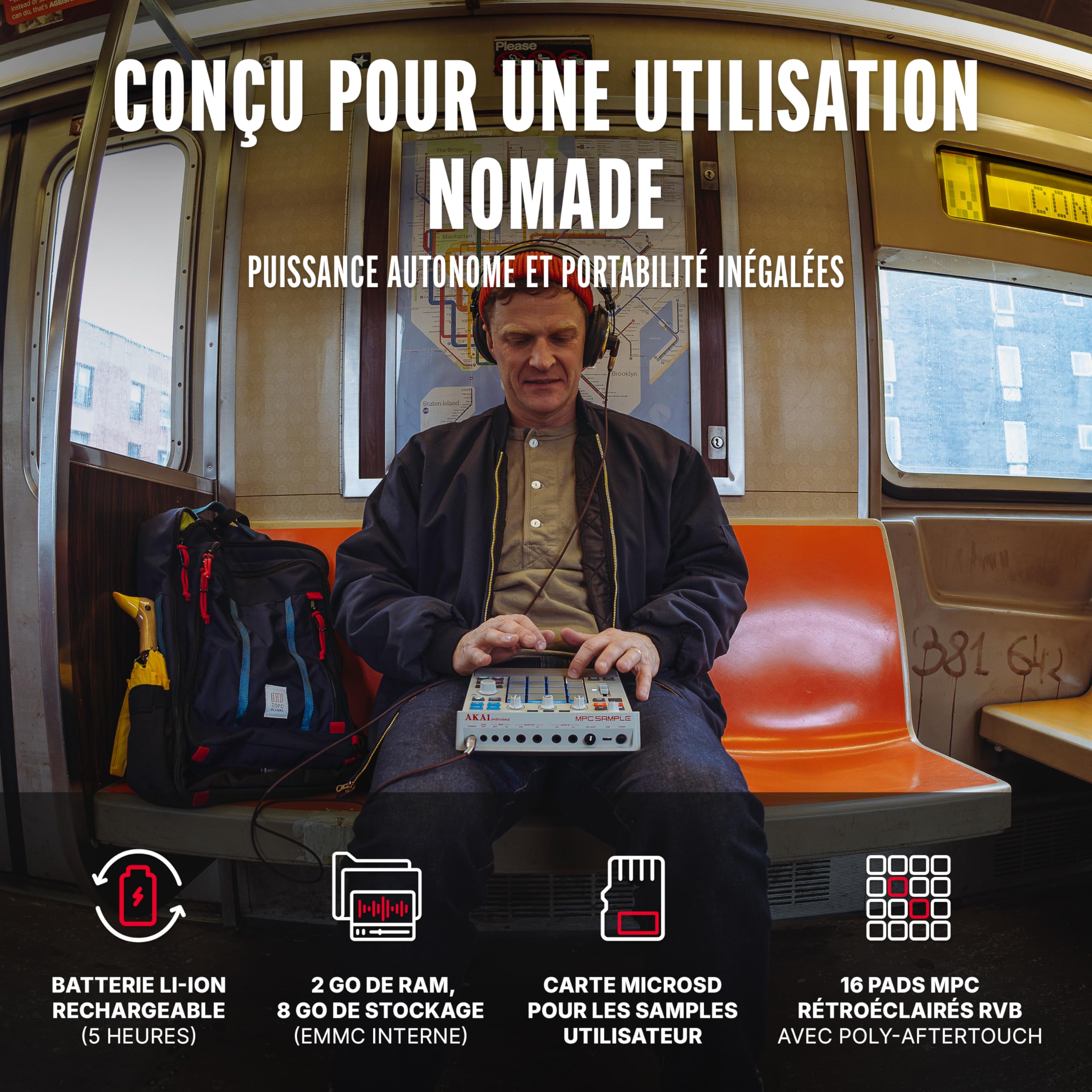 Akai Professional MPC Sample - Sampler Portable Autonome, Séquenceur et Processeur d'Effets avec Batterie Rechargeable, USB-C, Haut-Parleur et Micro