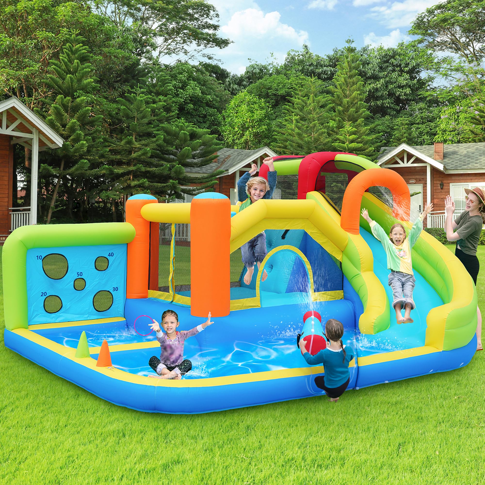 [Diversión durante todo el año] Castillo hinchable con soplador parque acuático multifuncional+parque de trampolines para niños, tobogán acuático, pared de punto de lanzamiento, canasta de baloncesto