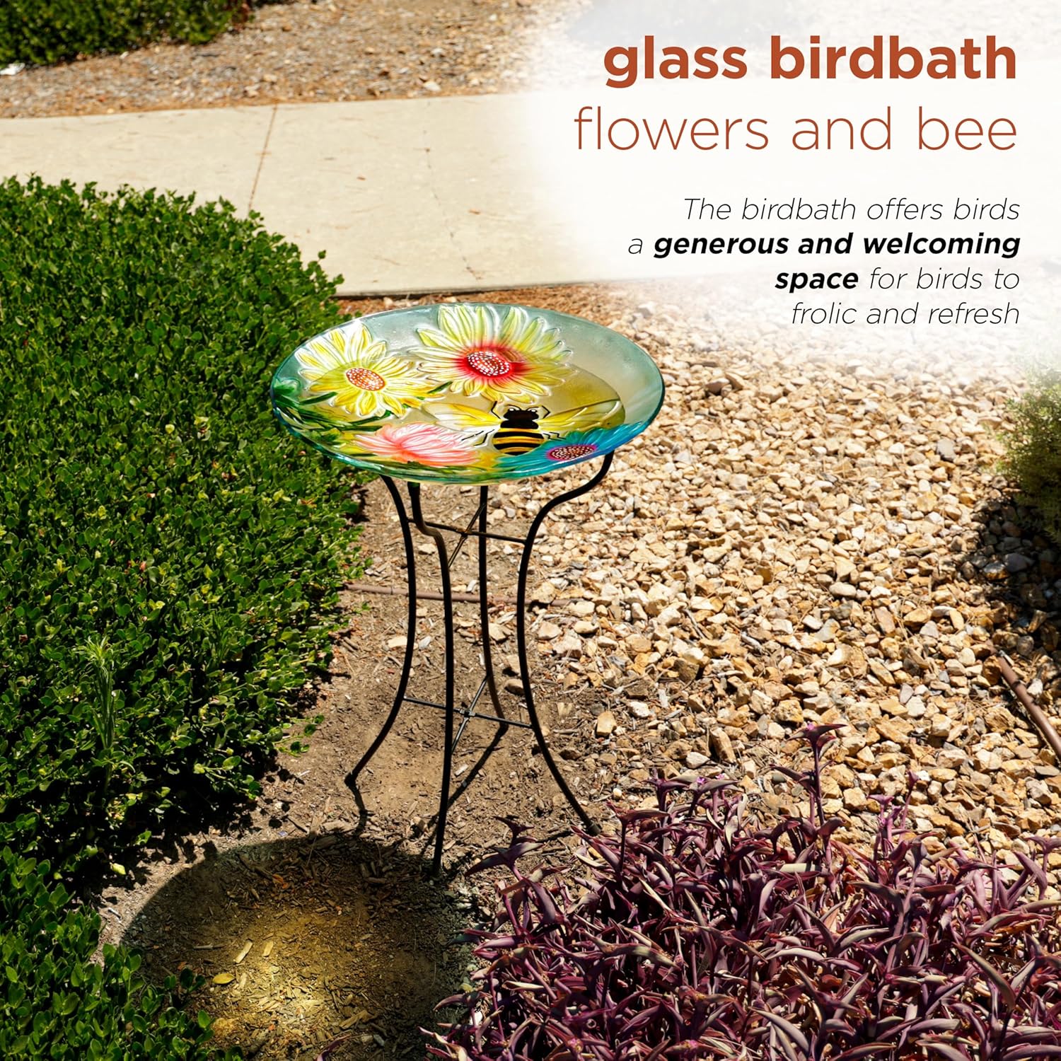 Alpine Corporation KBD124A-18 Outdoor Glass Birdbath w/Metal Stand, Floral Bee Birdbath Bowl and Stand Set,18" W, Multicolor