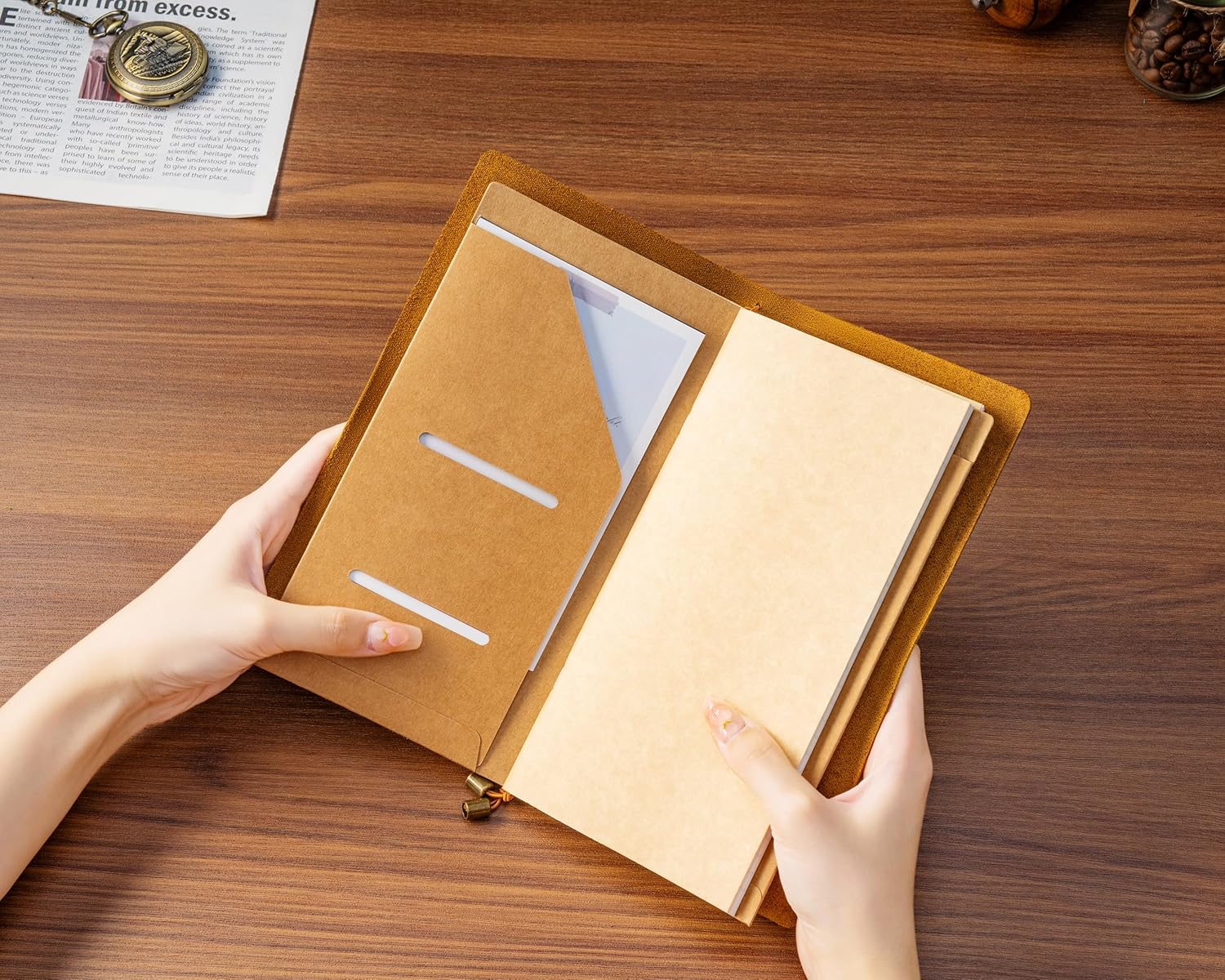 Refillable Leather Travelers Notebook, 8.6 x 4.9 Standard Size Travel Diary for Men and Women, Genuine Leather Travel Journal with 3 Notebook Inserts for Writing, Sketching & Planning, Dark Brown