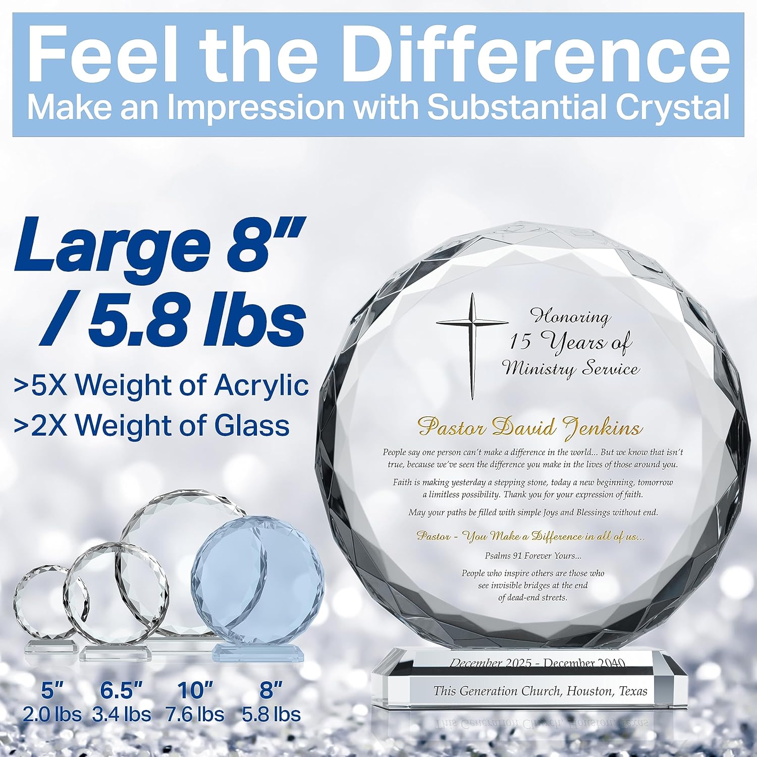 Personalized Crystal Pastor Anniversary Plaque, Customized with Pastor Name, Church Name, Anniversary Date, Unique Religious Appreciation Gift Plaque for Pastor (L - 8")