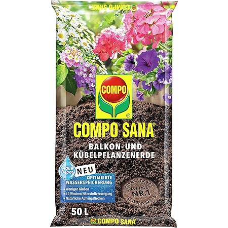 Compo SANA Balkon- und Kübelpflanzenerde mit 12 Wochen Dünger für alle Balkon- und Terrassenpflanzen, Kultursubstrat, 50 Liter, braun
