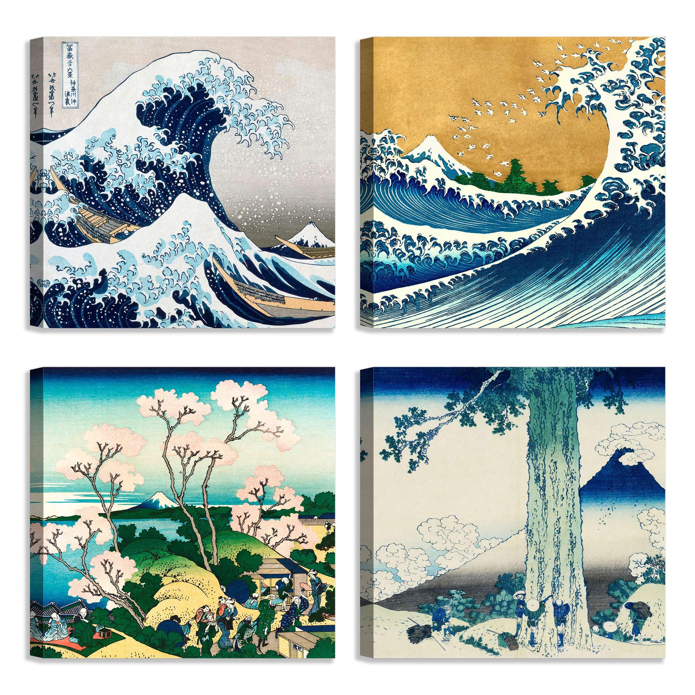 LuxHomeDecor Set di 4 quadri 30x30 cm – stampa su tela con telaio in legno stile arte giapponese – Katsushika Hokusai