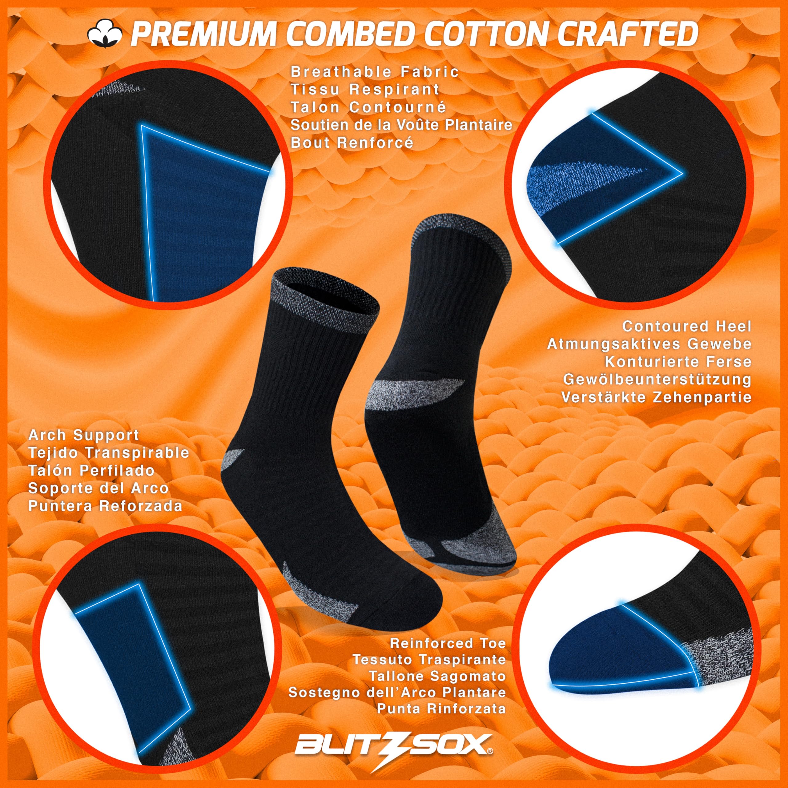 BLITZSOX Calzini Sportivi Uomo da Corsa Imbottiti Traspiranti Cotone Calzini Corti, Confezione da 6