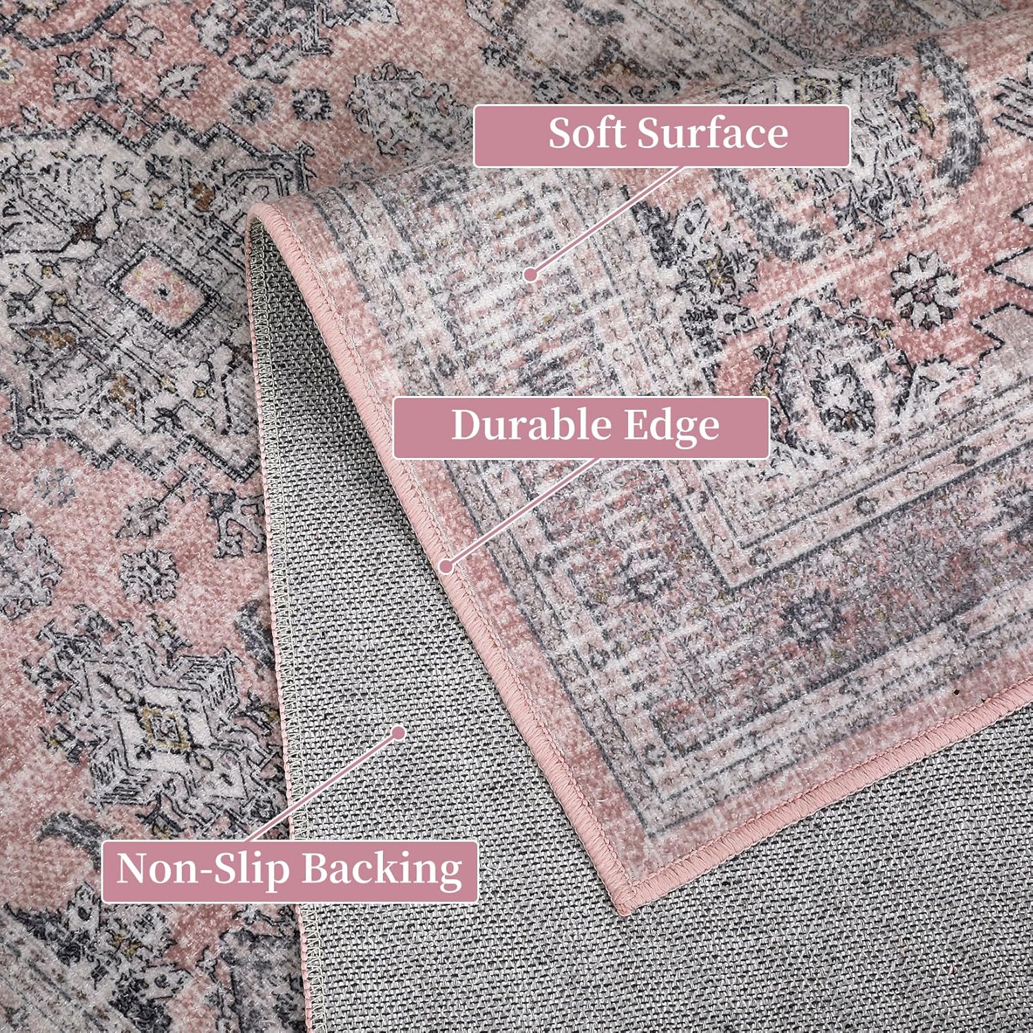 MilleLomm Living Room Rug 10x13 Non-Slip Machine Washable Area Rug Stain Resistant Soft Vintage Boho Floor Carpet Distressed Foldable Printed Carpet for Bedroom Nursery Laundry Room, Pink