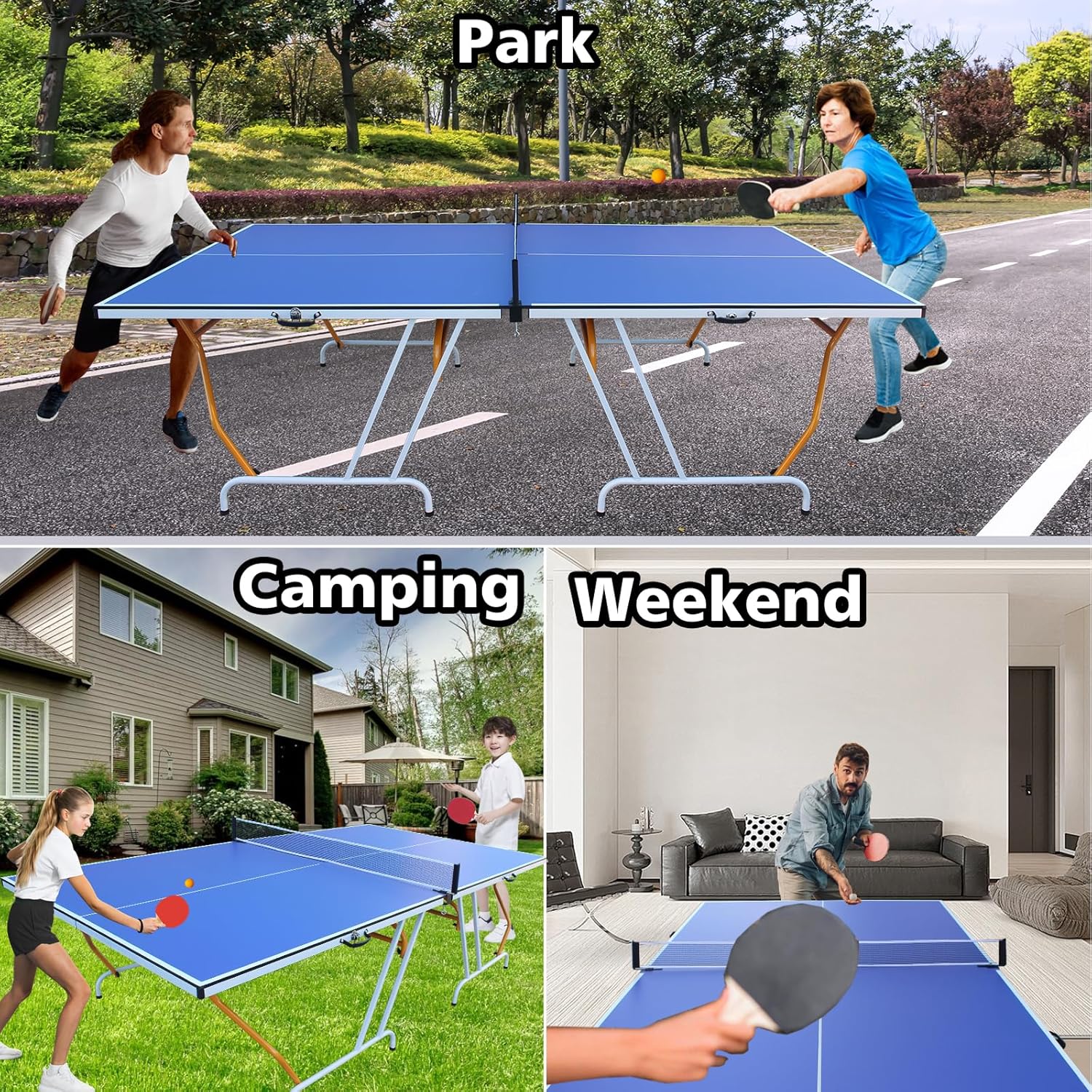 Professional Table Tennis Table, Foldable Ping Pong Game Set for Indoor, 8FT 9FT Single Player Playback Mode Ping Pong Table with Net and Post Set, 2 Paddles and 3 Balls (Blue & Yellow-9x5FT)