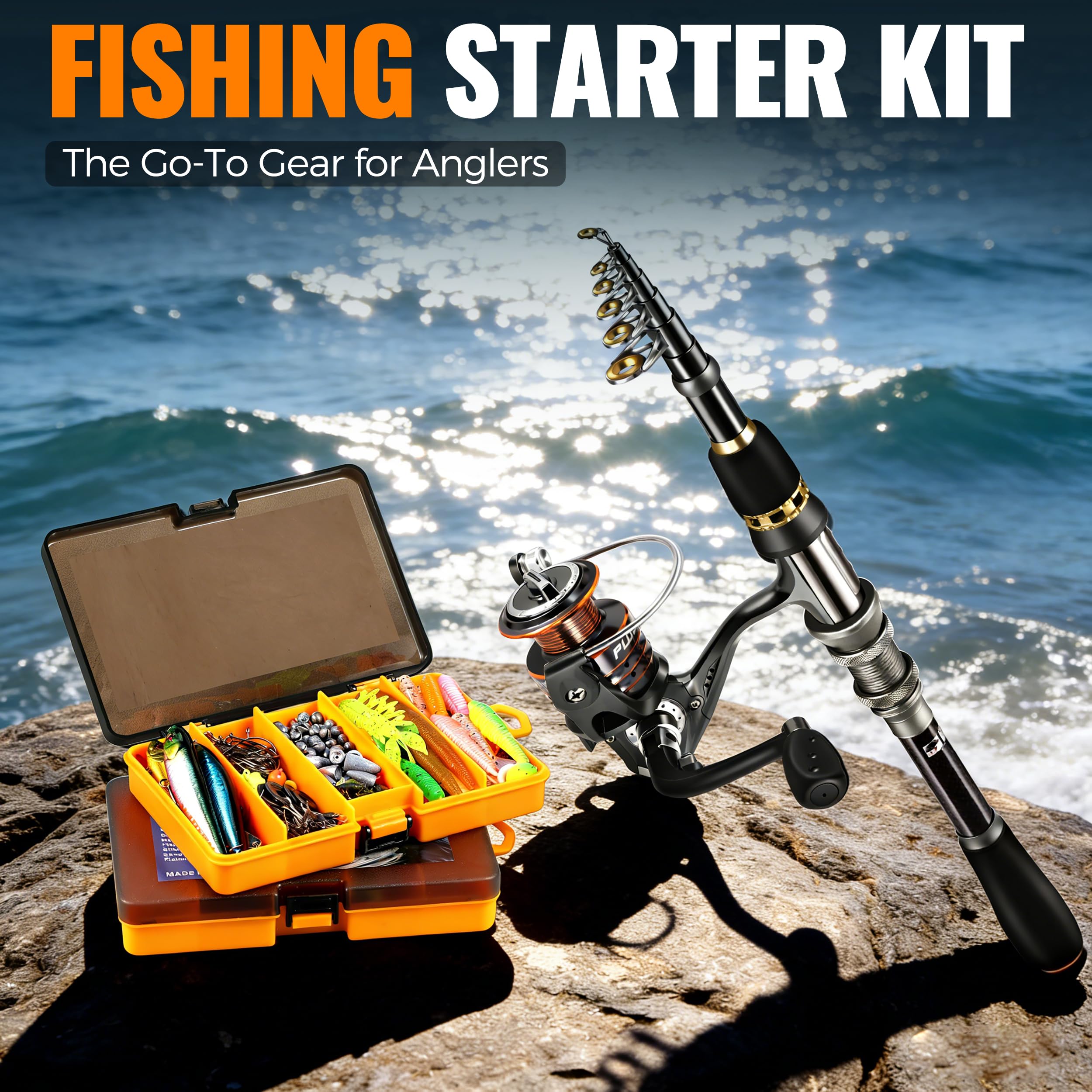 PLUSINNO Attrezzatura da pesca, canna da pesca telescopica e mulinello combinata con scatola per attrezzature, canna pieghevole e scatola per esche, kit di base per canna da pesca, accessori da pesca