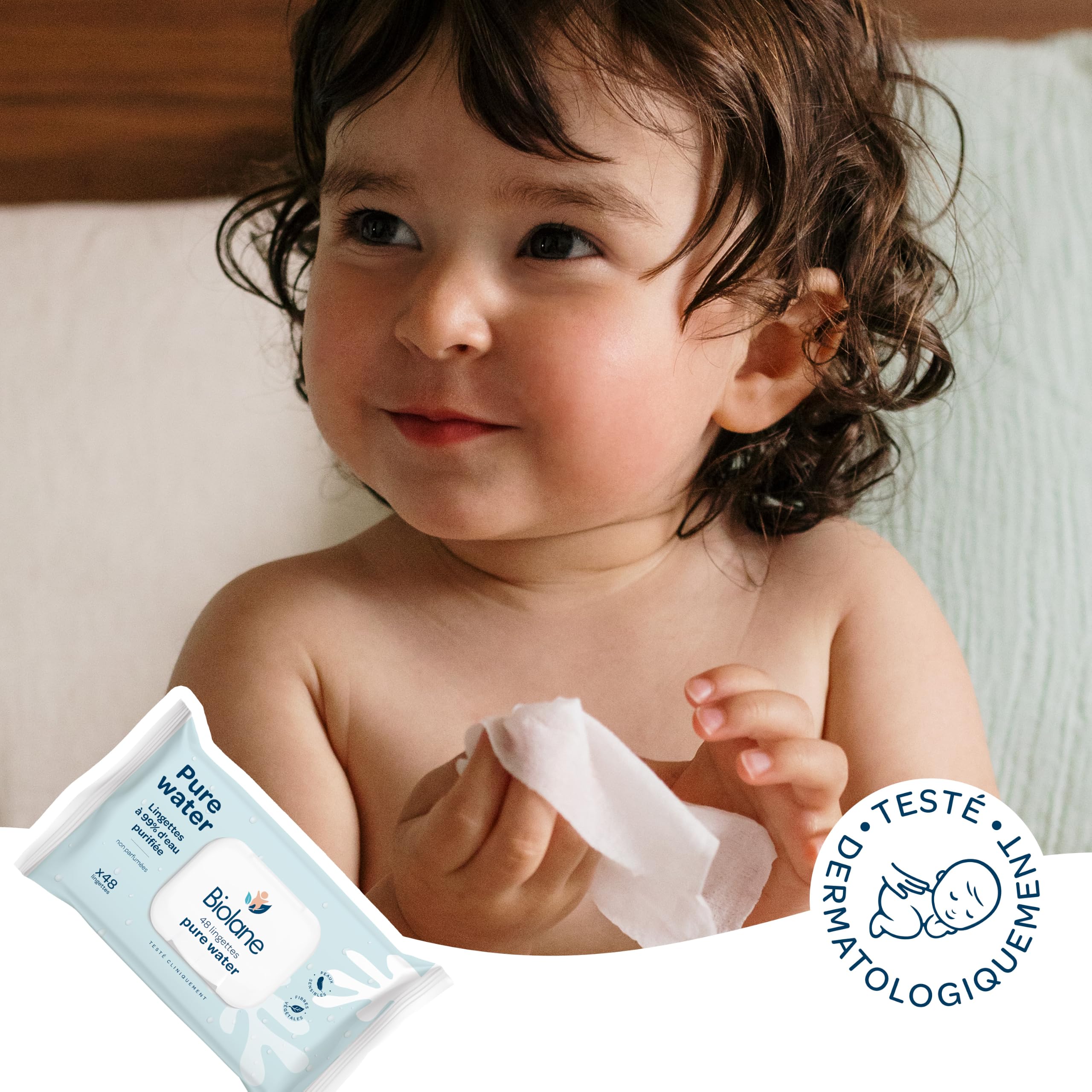 BIOLANE - Baby-Feuchttücher mit 99,9% Wasser - Pure Water - Packung mit 12 x 48 (576 Feuchttücher) - Für empfindliche Haut - Ab der Geburt - Duftfrei - Wechseln und Reinigungspflege