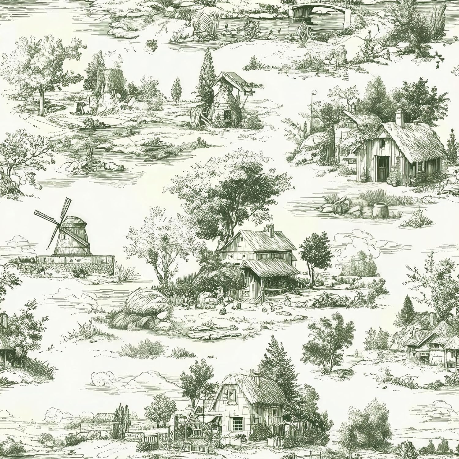 Peel and Stick Green Farmhouse Wallpaper Retro River Moody Vintage Removable Textured 17.7" x 236.22" Wall paper Watercolor Self Adhesive Contact Paper for Classroom Bedroom laundry room bathroom