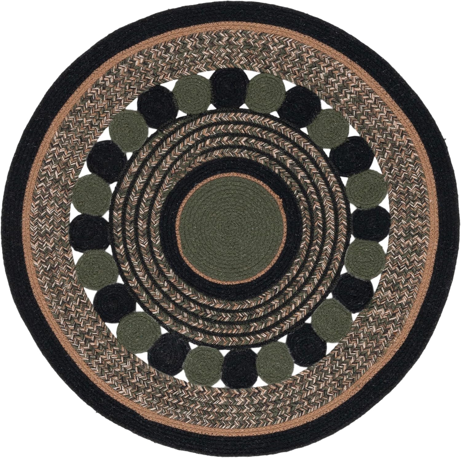 SAFAVIEH Braided Collection Area Rug - 4' Round, Black/Green, Geometric Design, Ideal for High Traffic Areas in Living Room, Bedroom, Dining (BRD757Z)