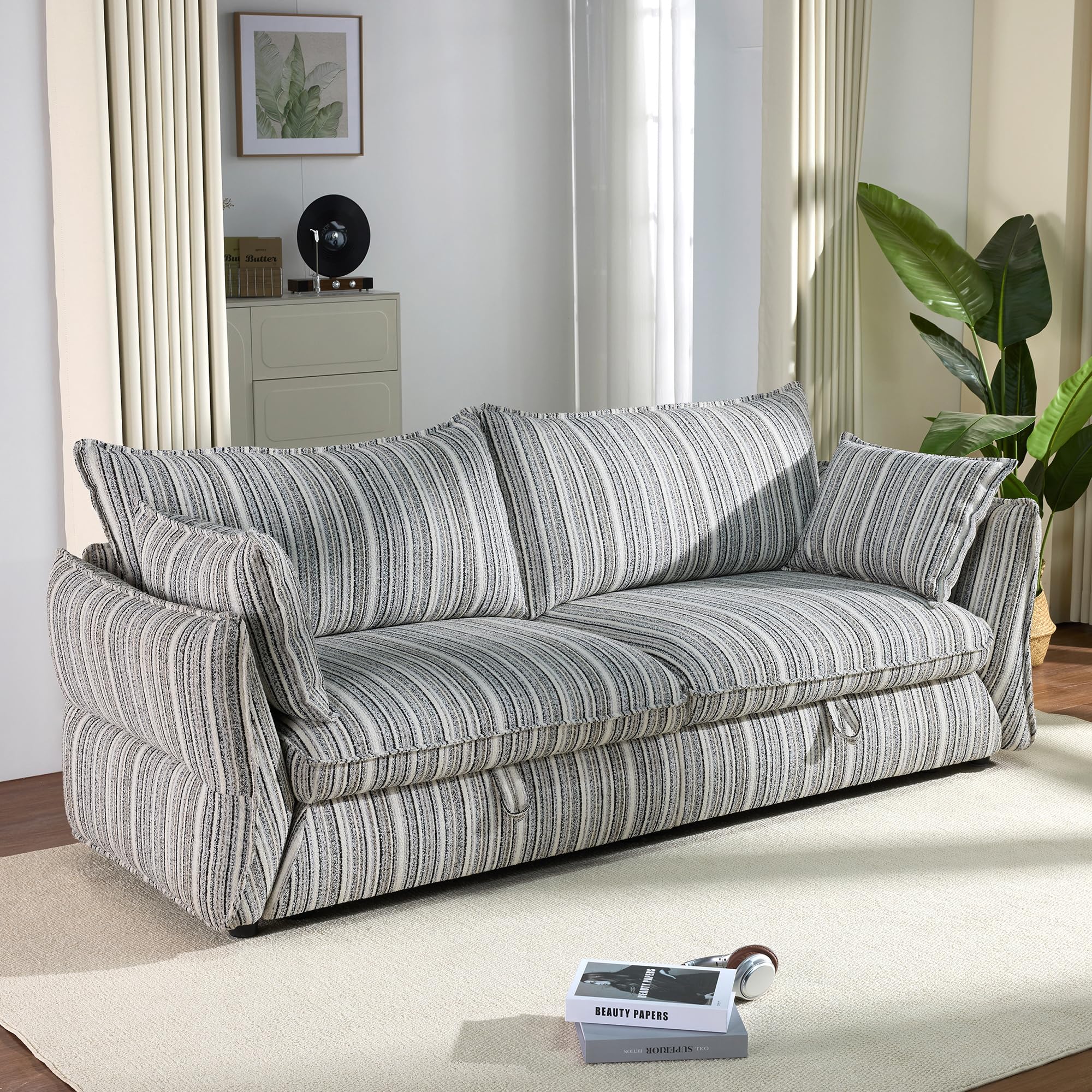 86 Modern Cloud Couch - 3 Seater Sherpa Sofa with Striped Fabric Storage Sofas with Two Arm Pillows