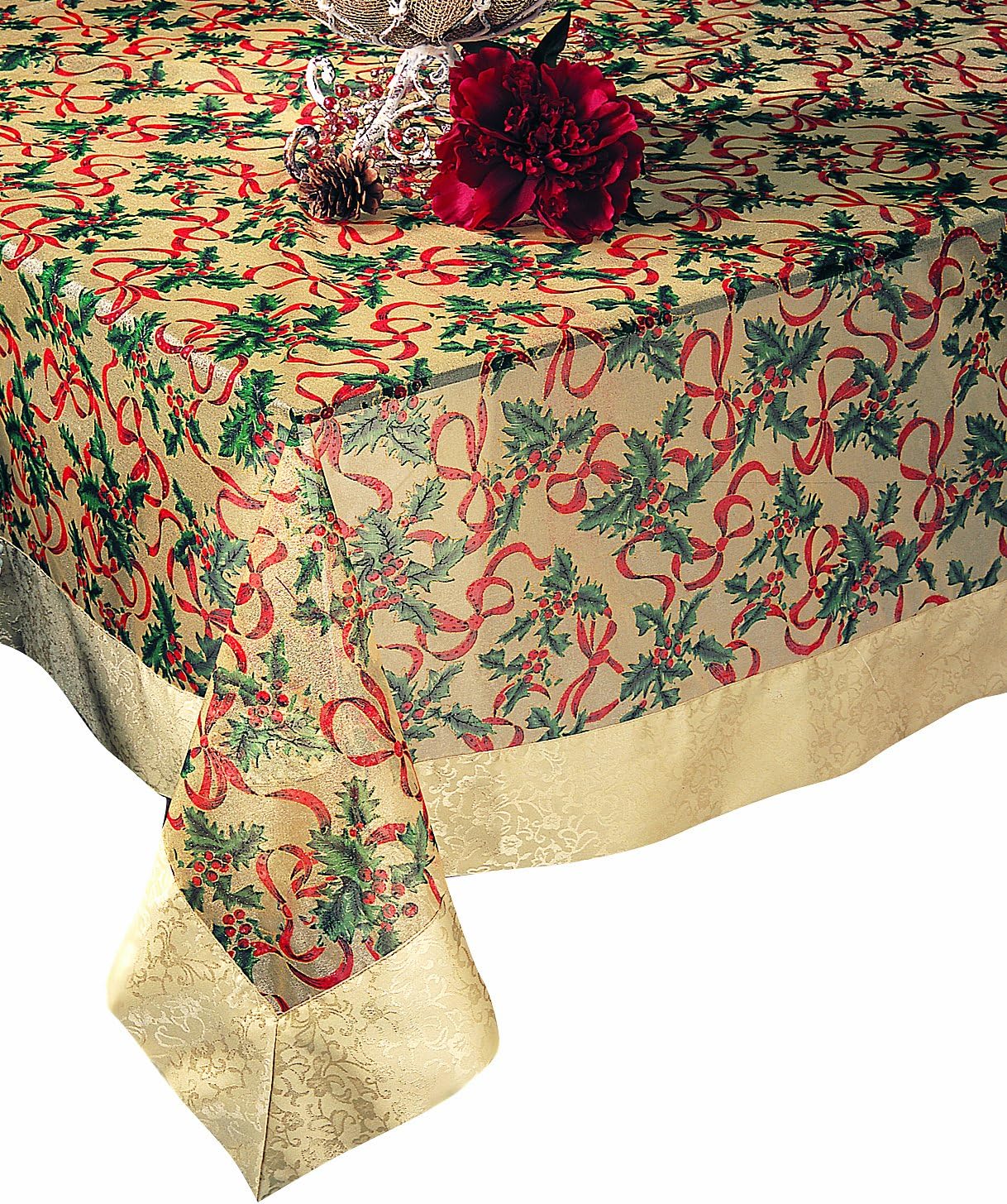 SARO LIFESTYLE XJ378 Xmas Oblong Tablecloth, 65-Inch by 162-Inch, Gold