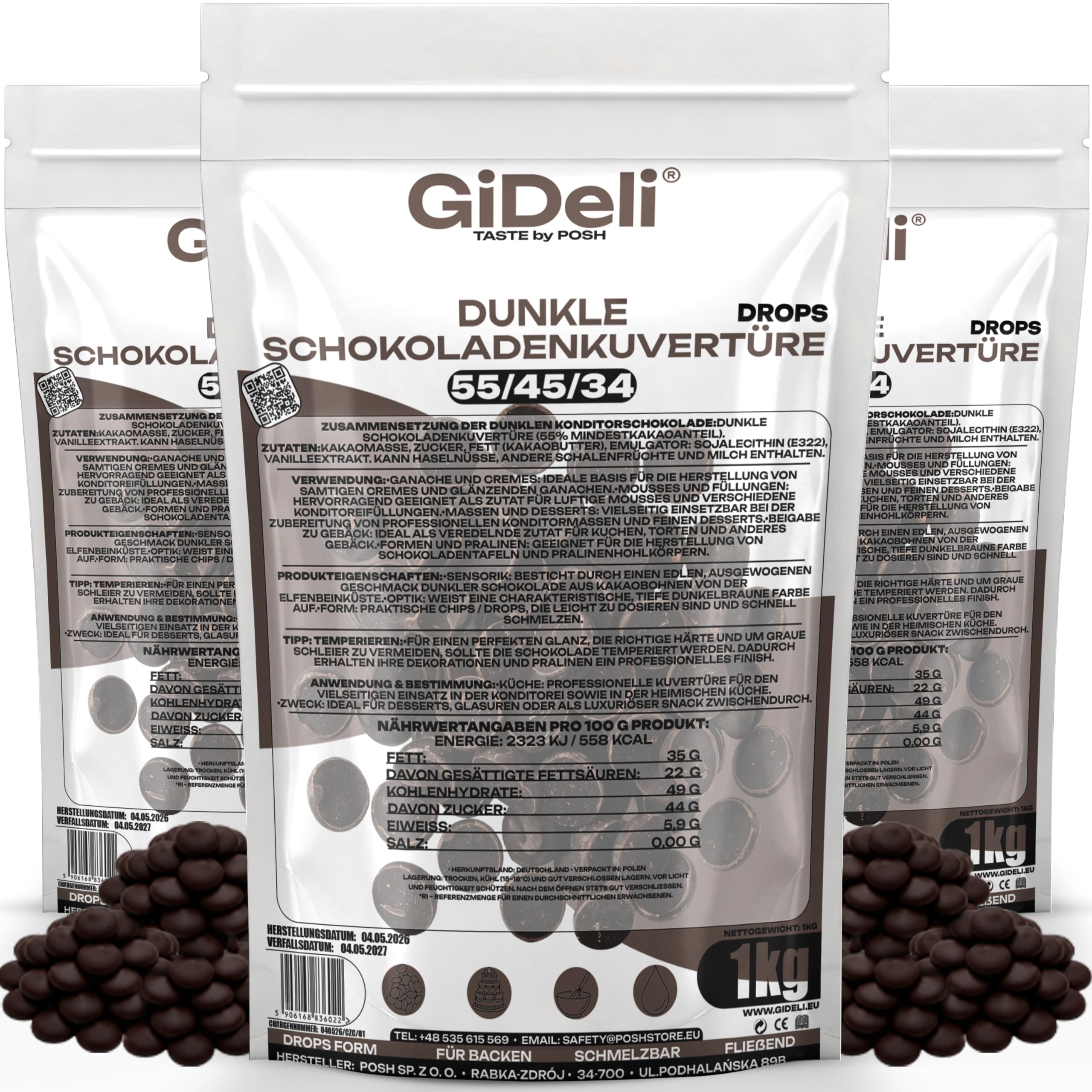 GiDeli Dunkle Schokoladenkuvertüre 55% Drops 3x1kg - Professionelle Zartbitterschokolade zum Temperieren - Kakao von der Elfenbeinküste - Einfache Dosierung - Ideal für Pralinen & Ganache