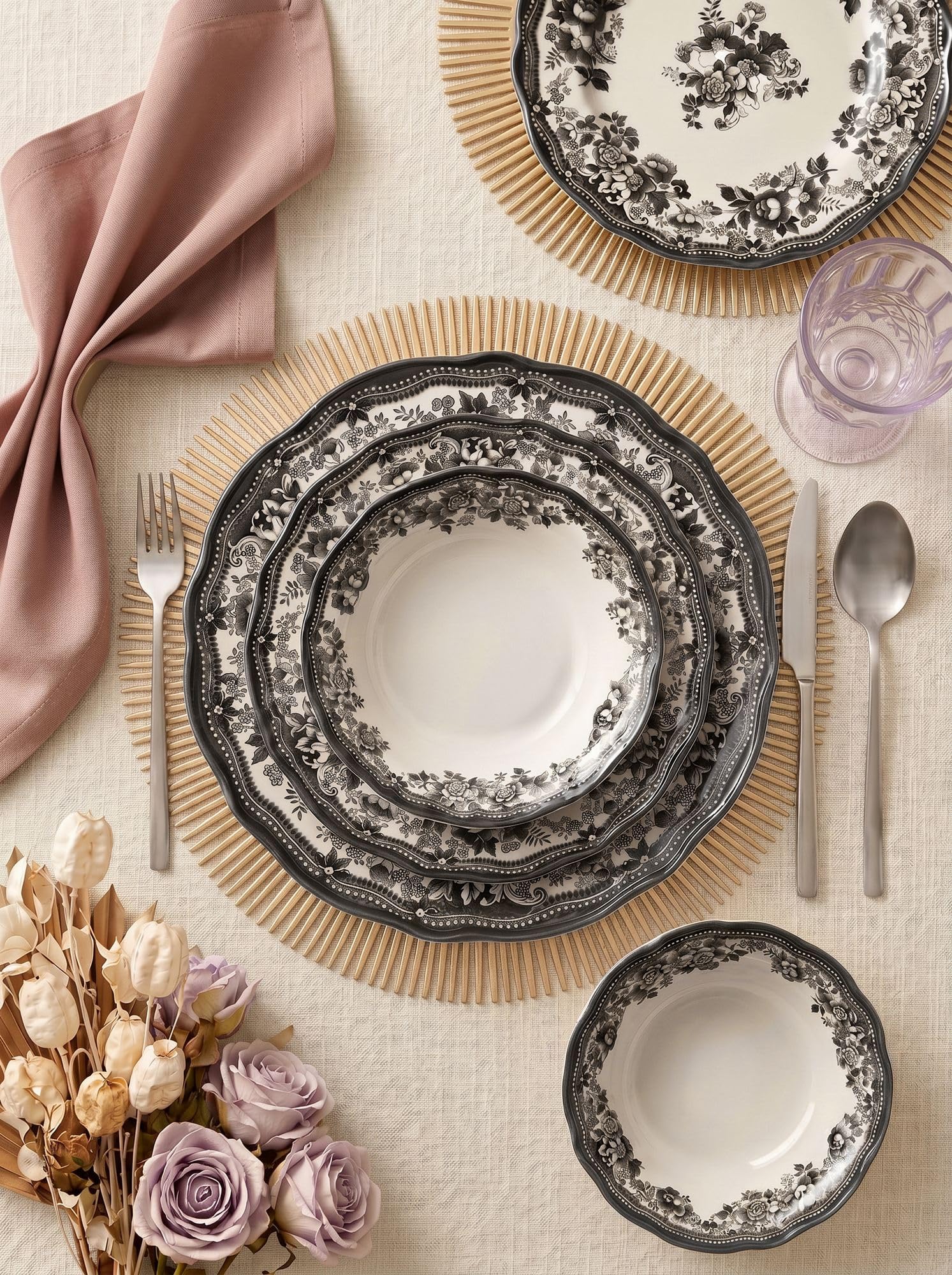 Elegancki 24-częściowy serwis obiadowy, 100% porcelana, biały i antracytowy | w zestawie talerze do serwowania, miski i talerze deserowe | można myć w zmywarce i używać w kuchence mikrofalowej