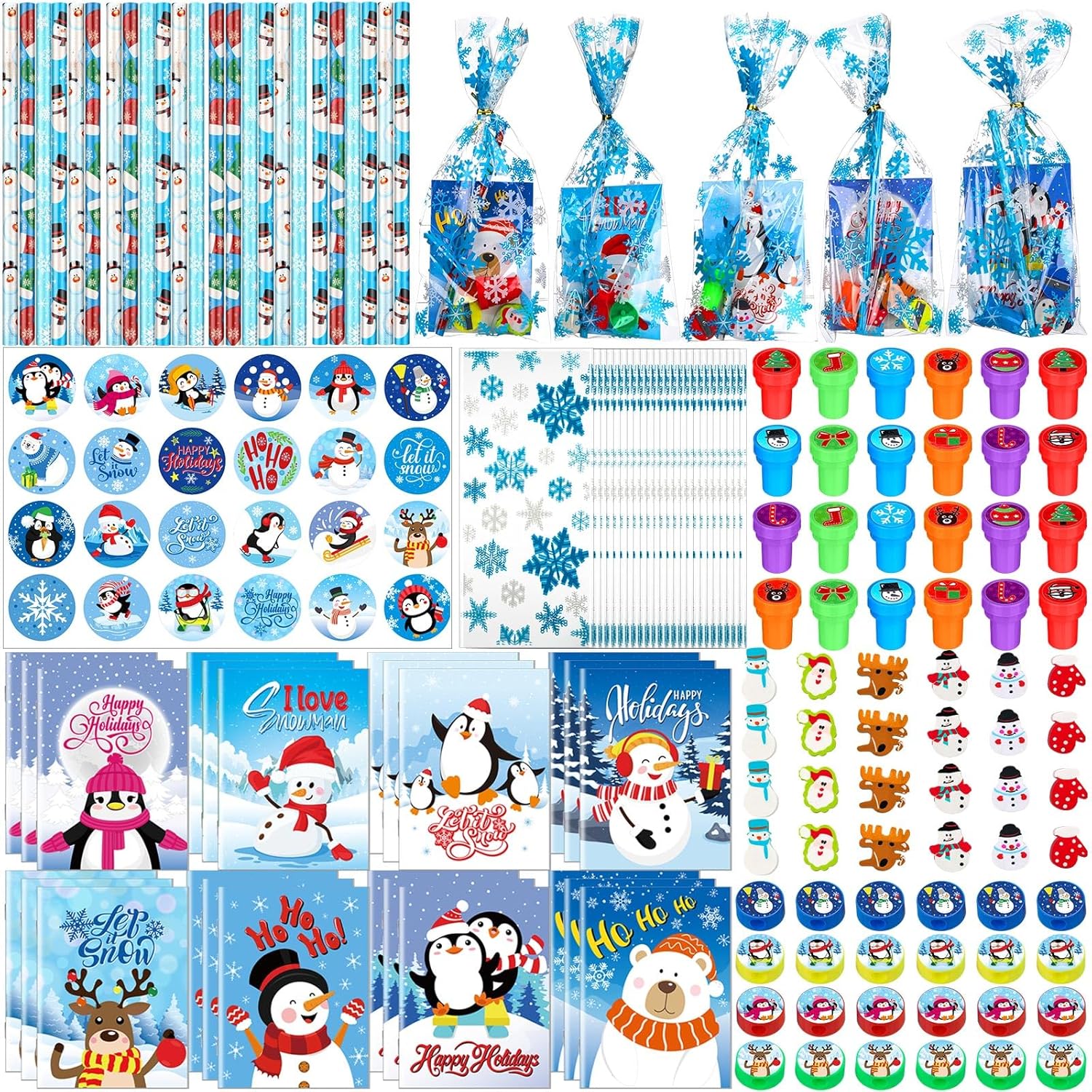 Zhanmai 168 Pcs Christmas School Stationery Set Includes 24 Christmas Pencils 24 Erasers 24 Sharpeners 24 Stickers 24 Mini Notebooks 24 Stamps 24 Gift Bags for Xmas Party Favors (Snowflake Style)