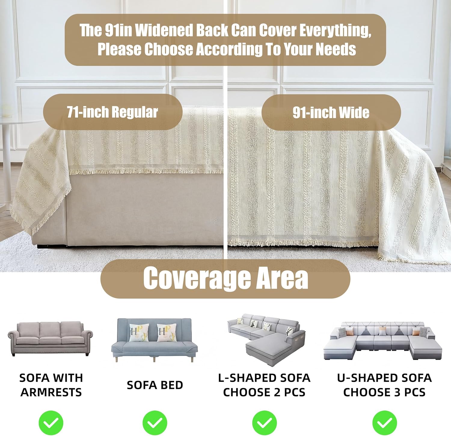 Couch Cover for Dogs Washable Sofa Cover, Sectional Couch Covers, Sofa Covers for 2 Cushion Couch, Non Slip Stripe Sofa Slipcovers Furniture Protector (Beige, 71x150)