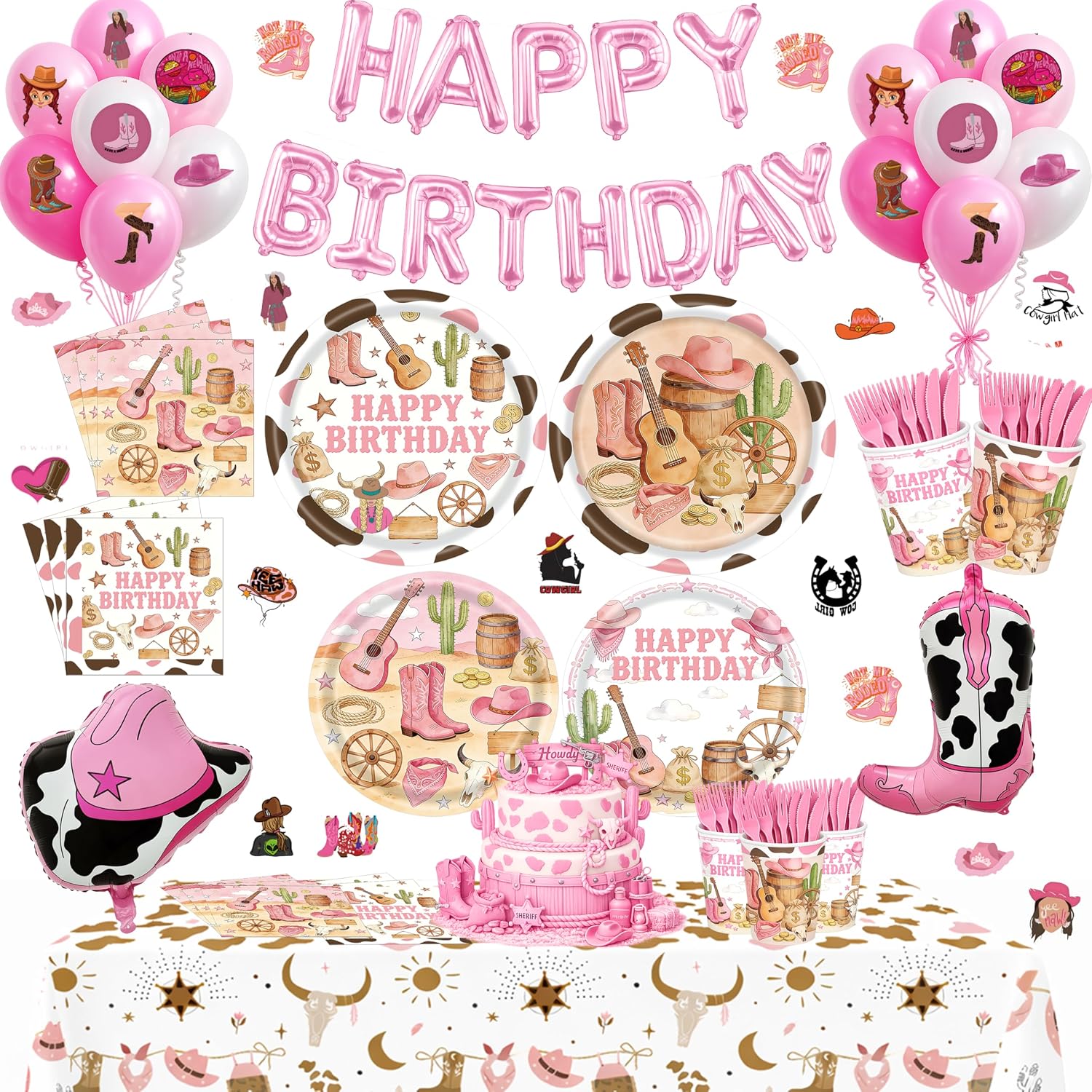 217Pcs Pink Western Party Decorations, Cowgirl Birthday Tableware Set