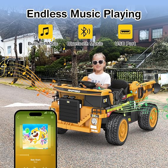 ANPABO 24V Ride On Dump Truck, 2X75W Powerful Motors, Up to 4.4Mph, EVA Tires, Construction Vehicle w/Electric Dump Bed and Extra Shovel, 19 Spacious 2 Seater, Kids Car w/Parent Remote -Yellow