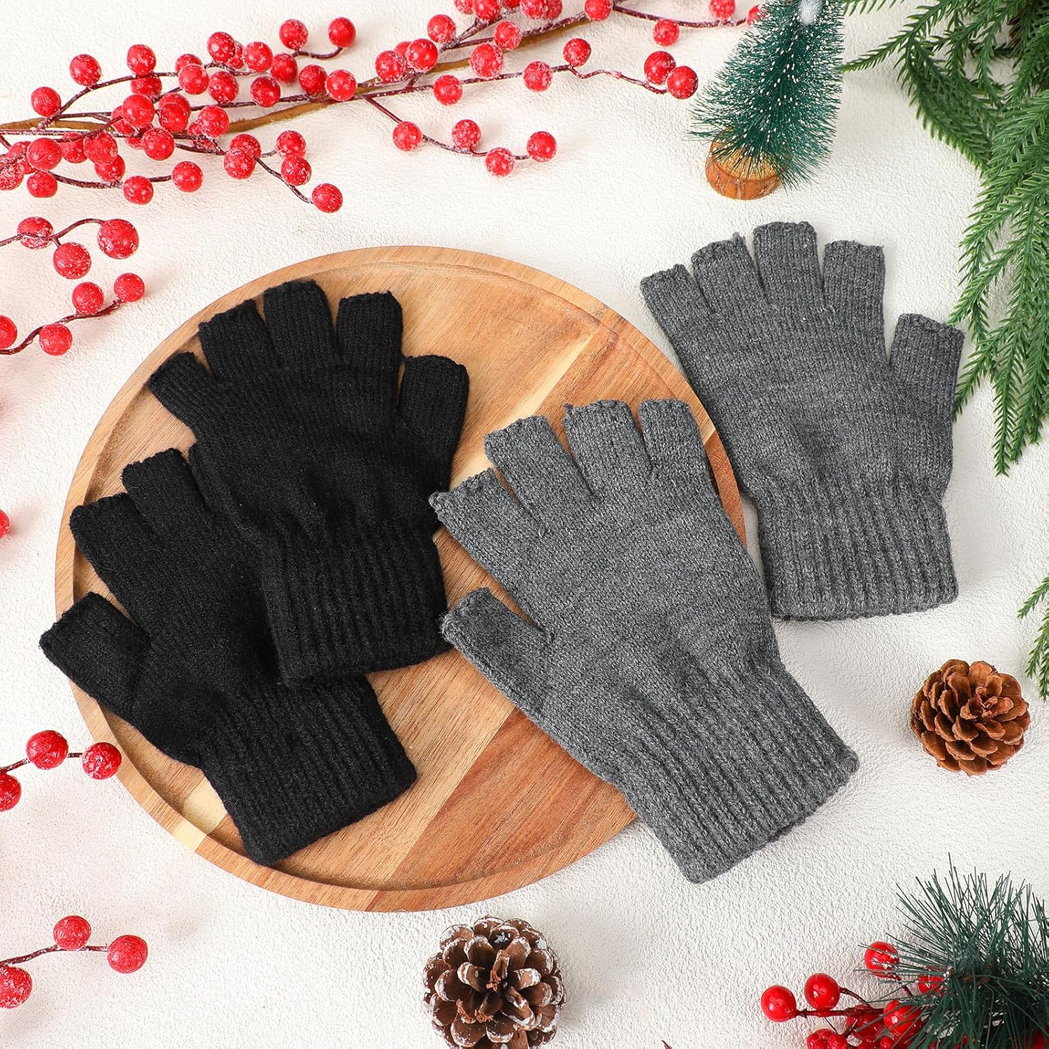 Bonuci 6/2 Pairs Alpaca Knit Fingerless Gloves for Men Women Half Finger Winter Glove for Typing Driving - Image 4