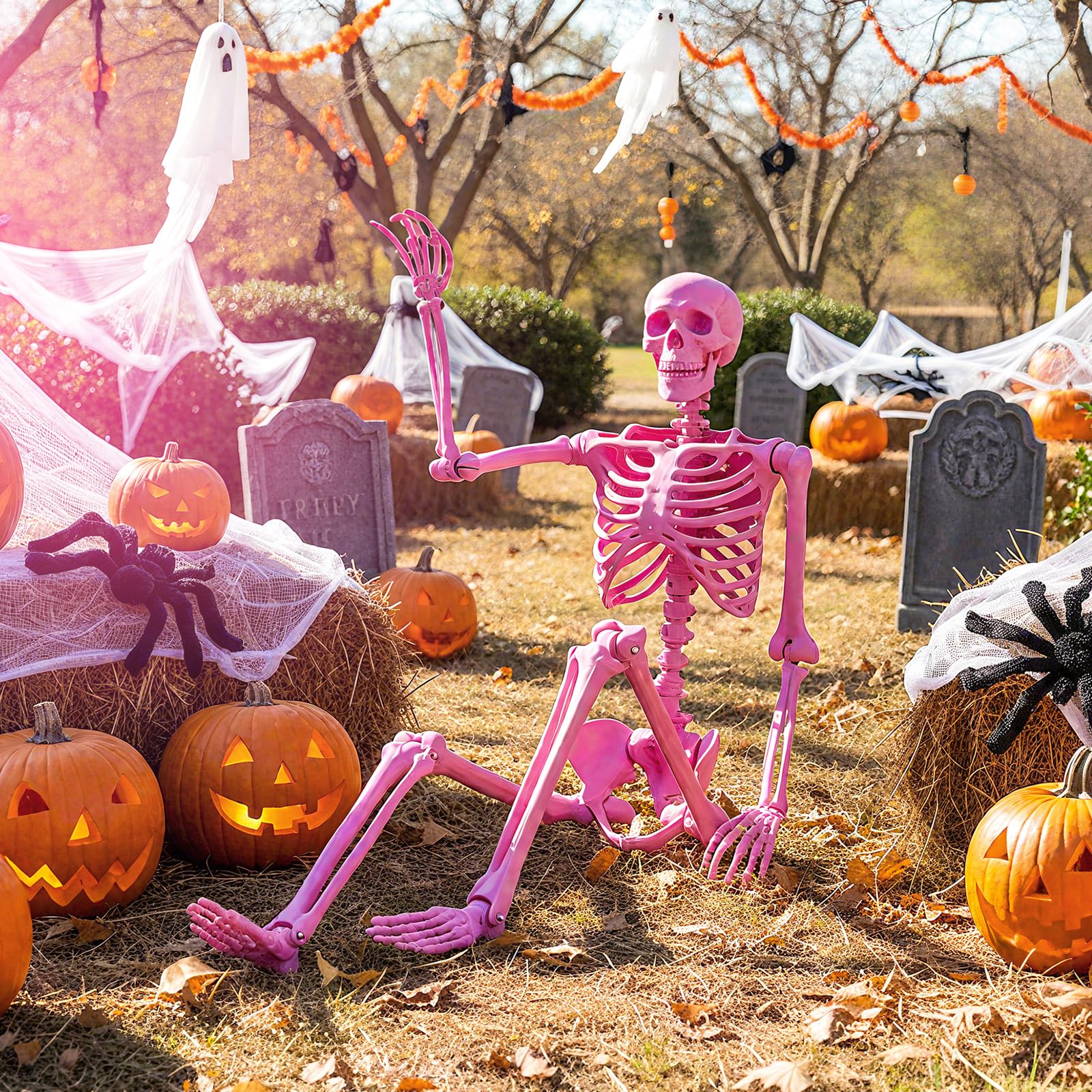 GYMAX 160 cm Halloween Skelett, lebensgroßes Bewegliches Skelett mit 8 Gelenken, Halloween Deko für Innen & Außen, als Skelett-Dekoration für Friedhofspartys & Spukhaus-Partys (Rosa)