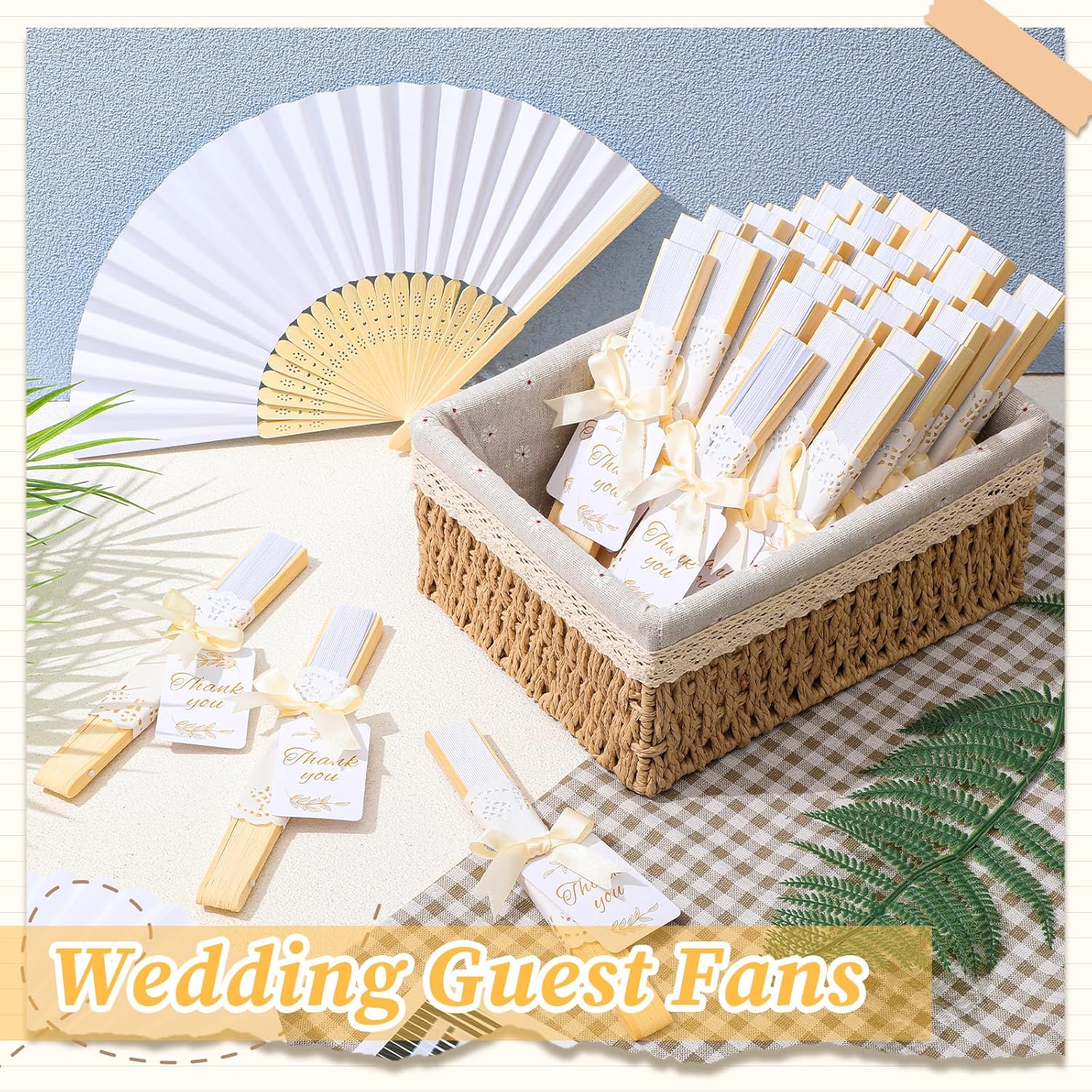 50 Sets Folding Wedding Fan Favors for Guests with Basket, Ready to Use Bulk White Folding Hand Fans with Bow Ribbon Thank You Tags, Ready to Use Bridal Shower Wedding Party Favors Gifts
