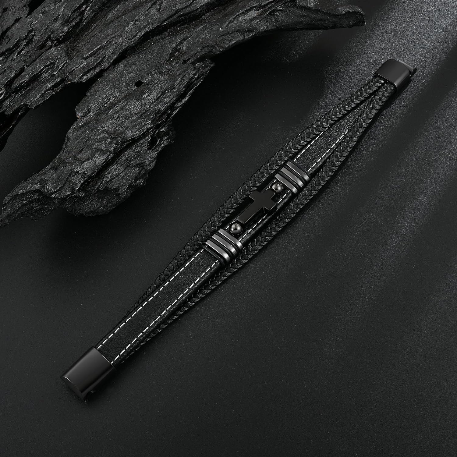 Cross Leather Bracelet, For Men Multilayer Braided Memorial Wristband Bangle Stainless Steel Buckle Religious Activities Holiday Gifts - Image 7