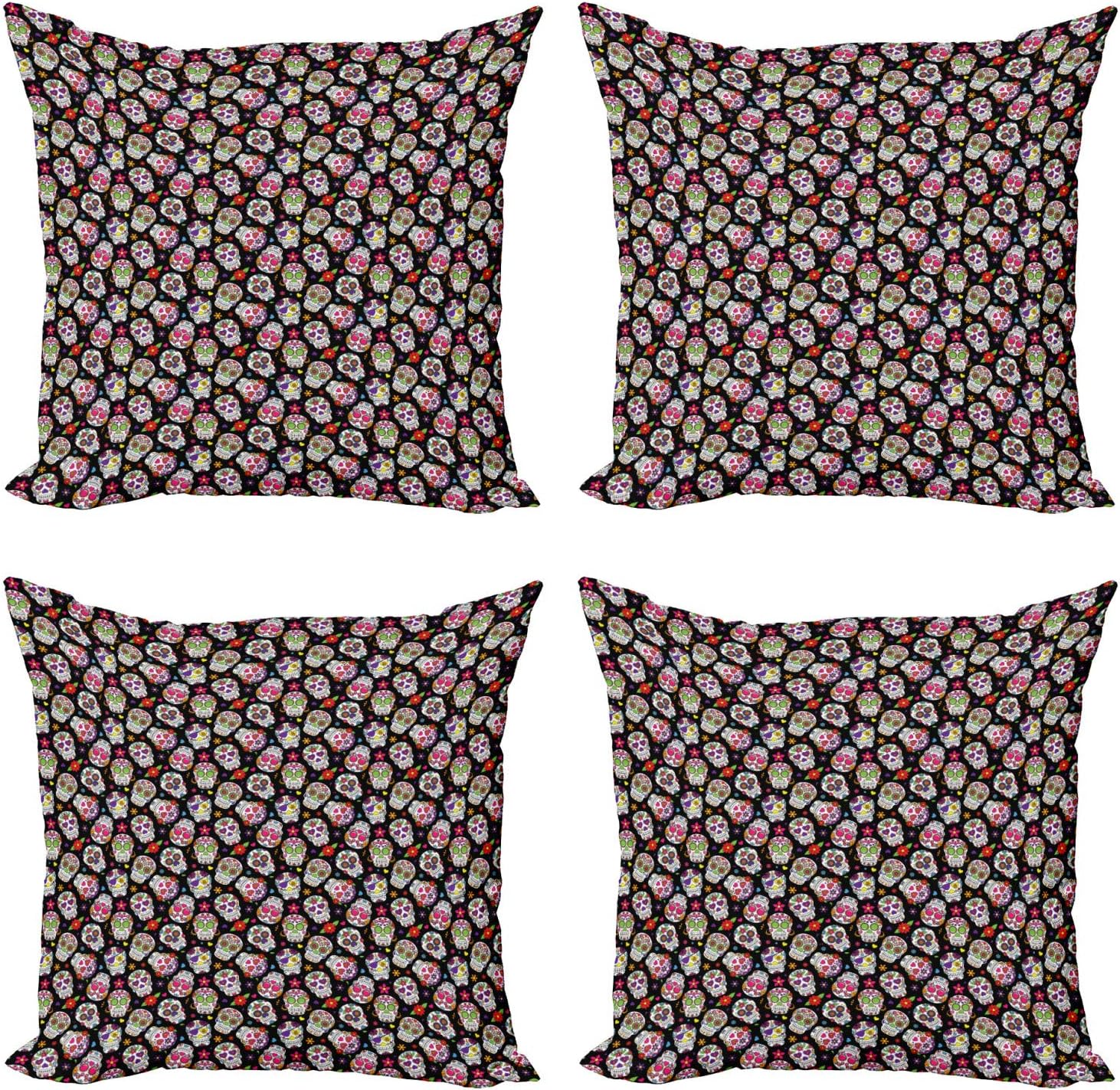Ambesonne Sugar Skull Decorative Throw Pillow Case Pack of 4, All Souls Day Floral Colorful Sugar Skulls Flowers on Dark Background Print, Cushion Cover for Couch Living Room Car, 20", Black Pink