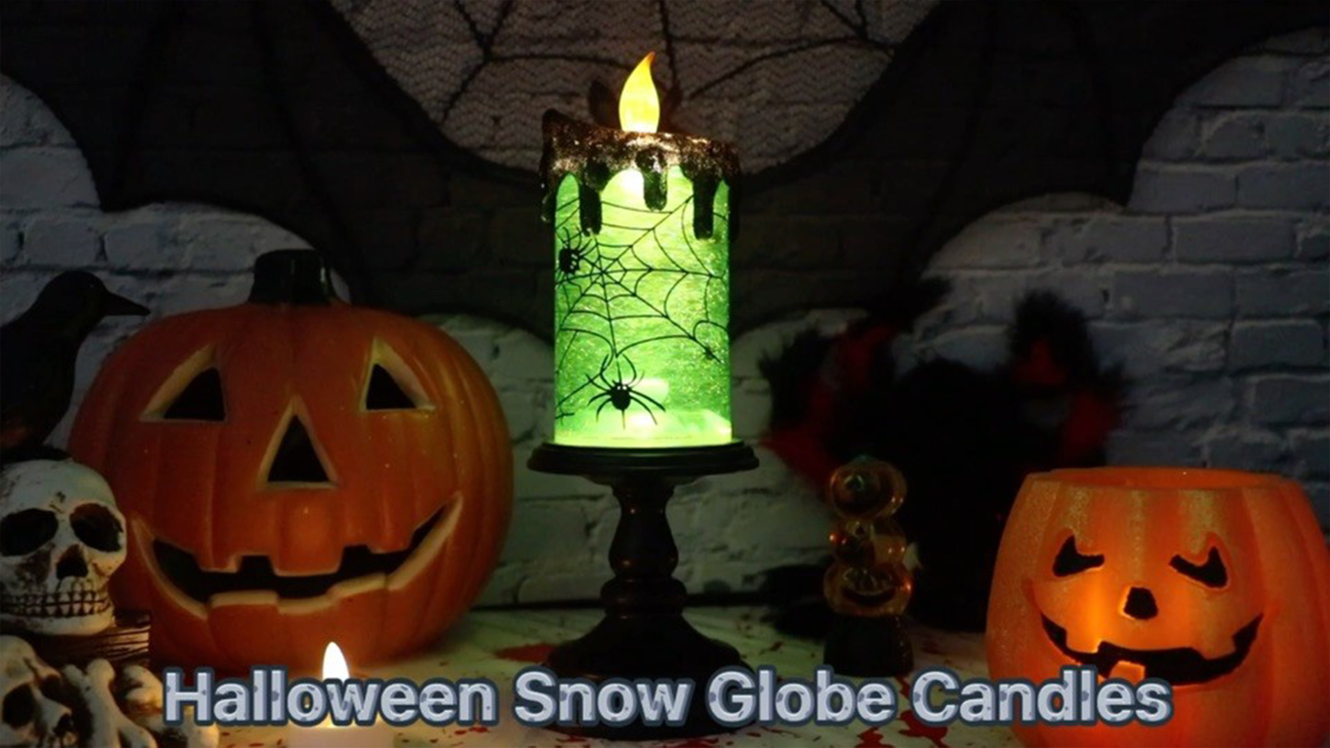 Image of Eldnacele Halloween Snow Globe Candles Lighted Lamp, Battery Operated Spooky Spinning Water Glittering Tornado Candle Flameless Candles Table Centerpiece for Halloween Decoration Indoor(Spider)