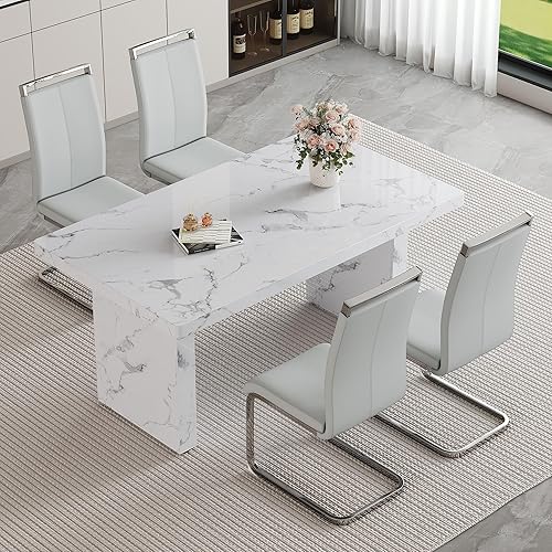 Miniatura 40 de Juego de mesa de comedor moderno para 6, juego de mesa de comedor blanco de 63 pulgadas para 6, tablero de mesa de cocina MDF con patrón de mármol y