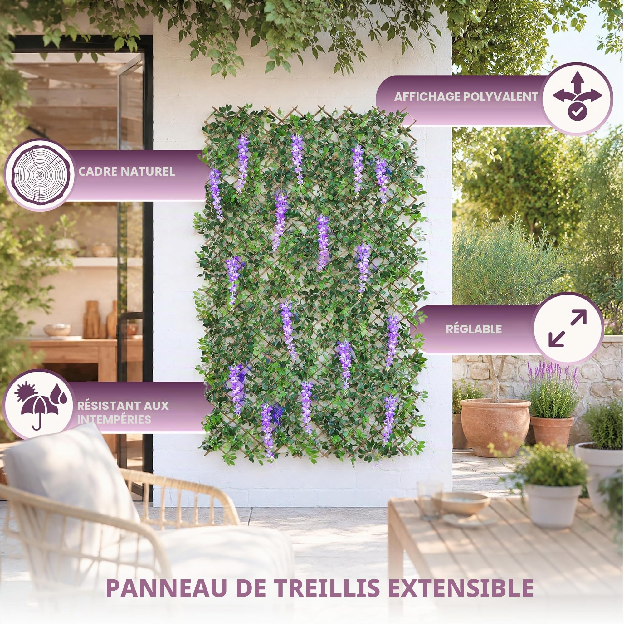 Garden Mile Treillis Feuilles et Fleurs de Glycine Artificielle Violette, Panneau pour Printemps et Été, Décoration de Jardin Grimpante