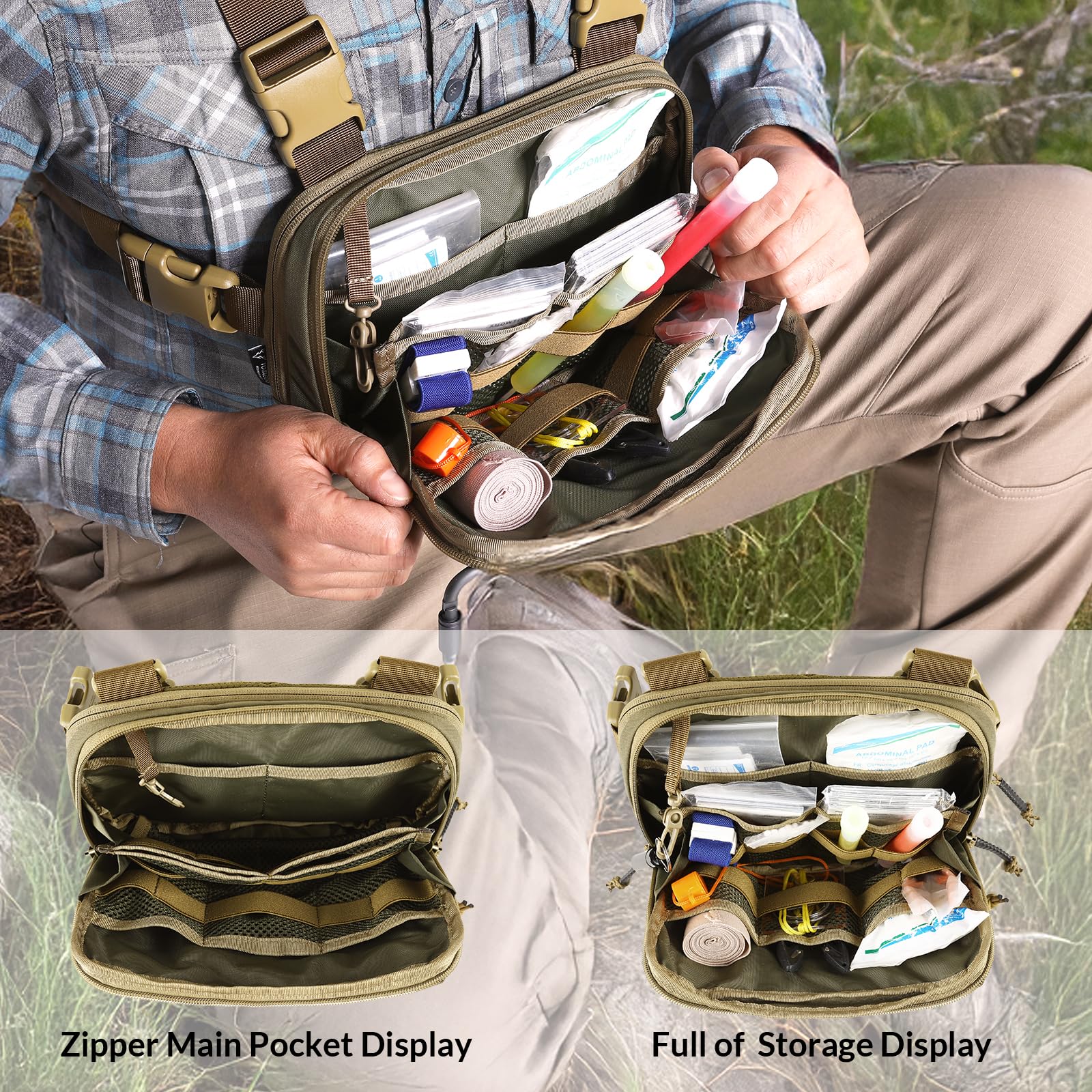 VOTAGOO GEAR Tactical Chest Pack EDC Chest Bag 2L Utility Molle Chest Rig Pouch with CCW Compartment Adjustable Strap Outdoor (GREEN&BROWN)