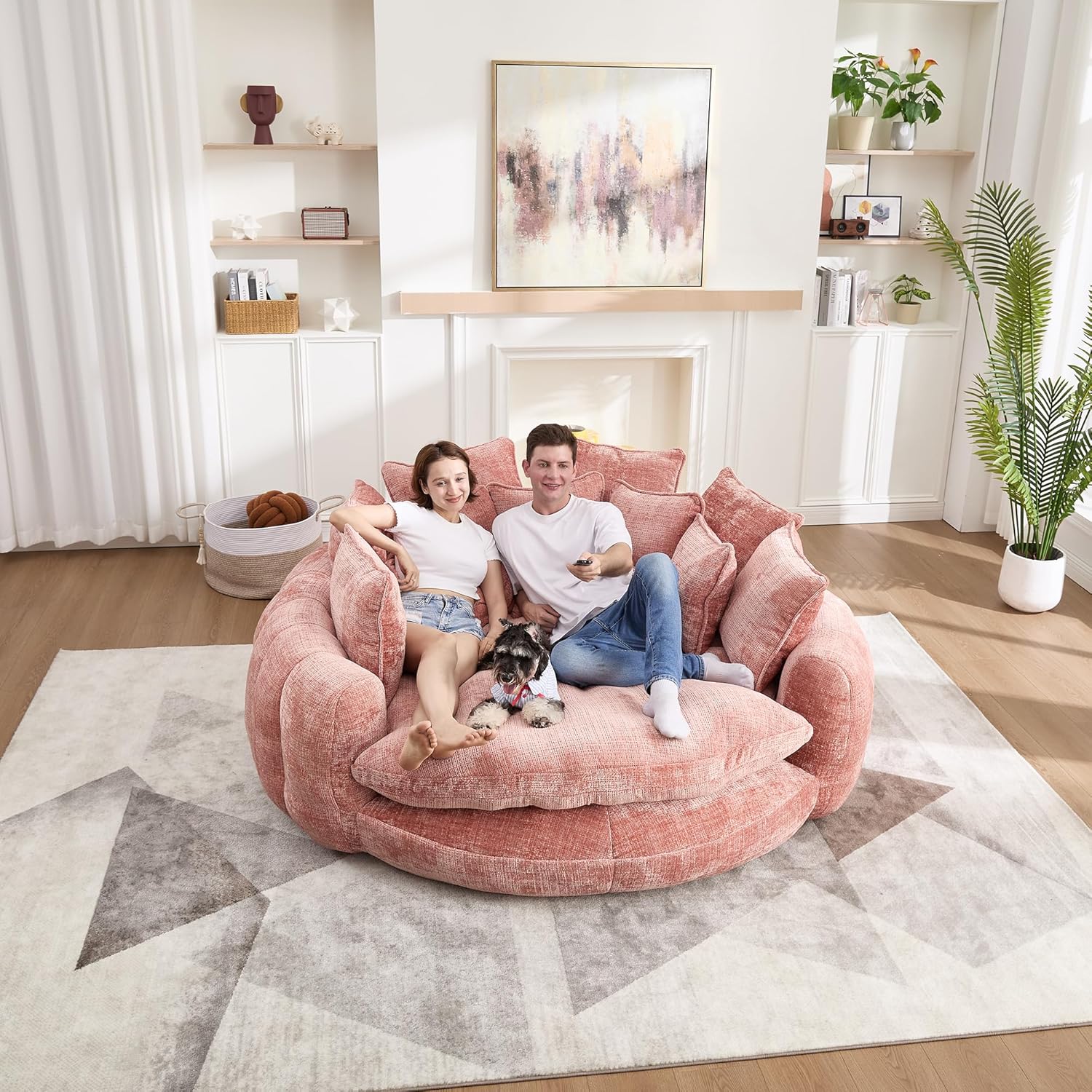 81" Round Sofa Bed Big Bean Bag Round Chaise Lounge Oversized Round Couch Boneless Reading Chair Plush Fluffy Chenille Large Chaise Chair for Living Room, Bedroom, Apartment, Pink Pink 81"D x 81"W
