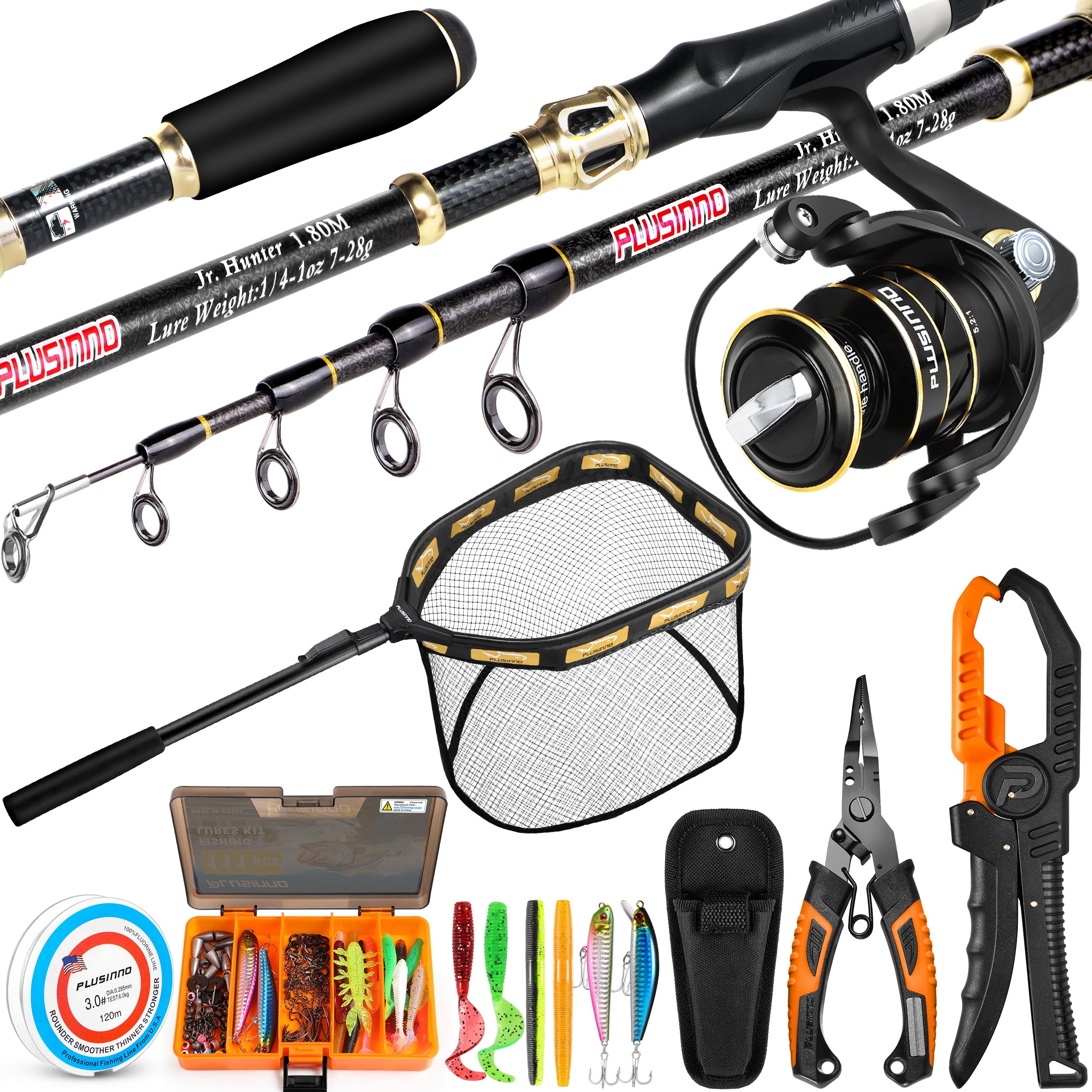 PLUSINNO Fishing Gear,Full Fishing Pole kit Include Fishing Rod and Reel Combo, Tackle Box with Fishing Lures, Fishing Accessories, Fishing Pliers,Fishing Gifts for Men with Fishing Tool Kit