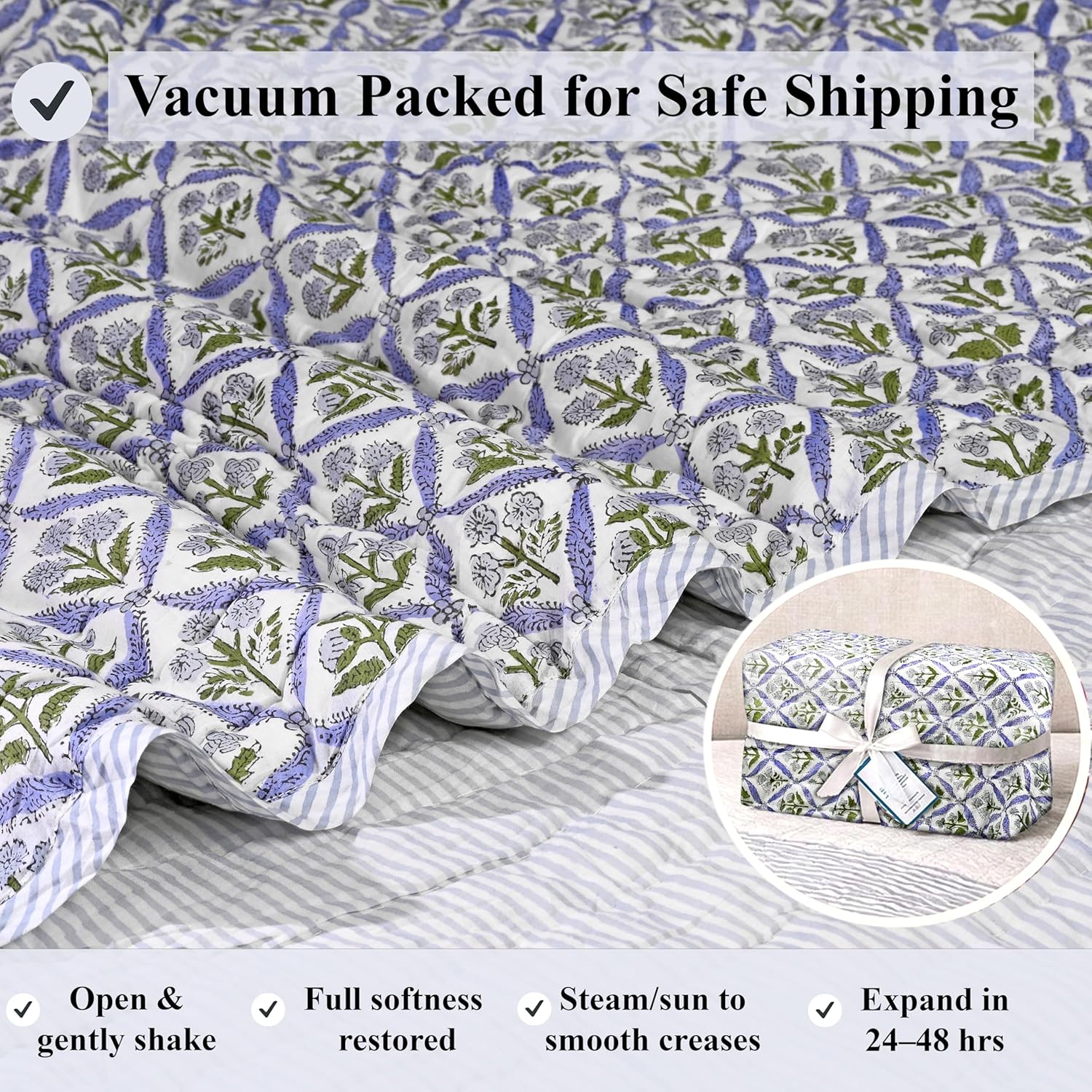 Ridhi Block Print Reversible Cozy Quilt Light Steel Blue King 96" X 106" Lightweight Blanket for Sofa, Couch, Bed Soft Breathable Comforter Handmade Bedspread Duvet for Farmhouse, Home, Winter