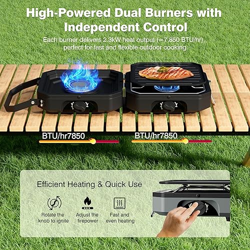 Miniatura 2 de Estufa de campamento portátil de propano con bolsa de calor y transporte ajustable independientemente, estufa de gas plegable con 2 quemadores para