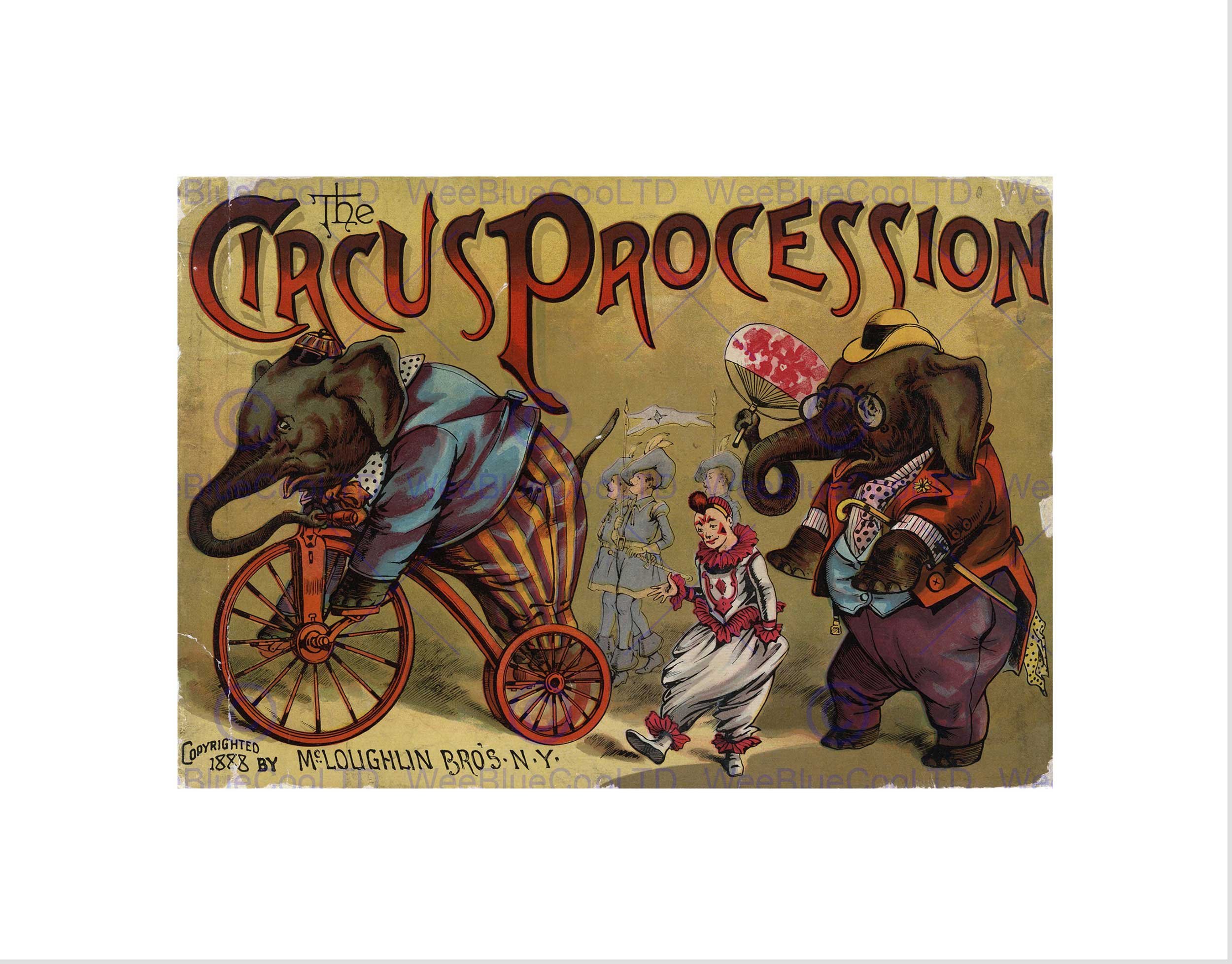 Wee Blue Coo Circus Art Procession Elephant Clown Vintage USA Wall Art Print