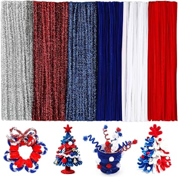 ZXIIXZ 200 Pcs Pipe Cleaners, 6 Colors Pipe Cleaners Bulk for Crafts | Glitter Chenille Stems for Arts and Crafts Fuzzy Limpia Pipas for Holiday Home DIY Decorations/Blue White Red