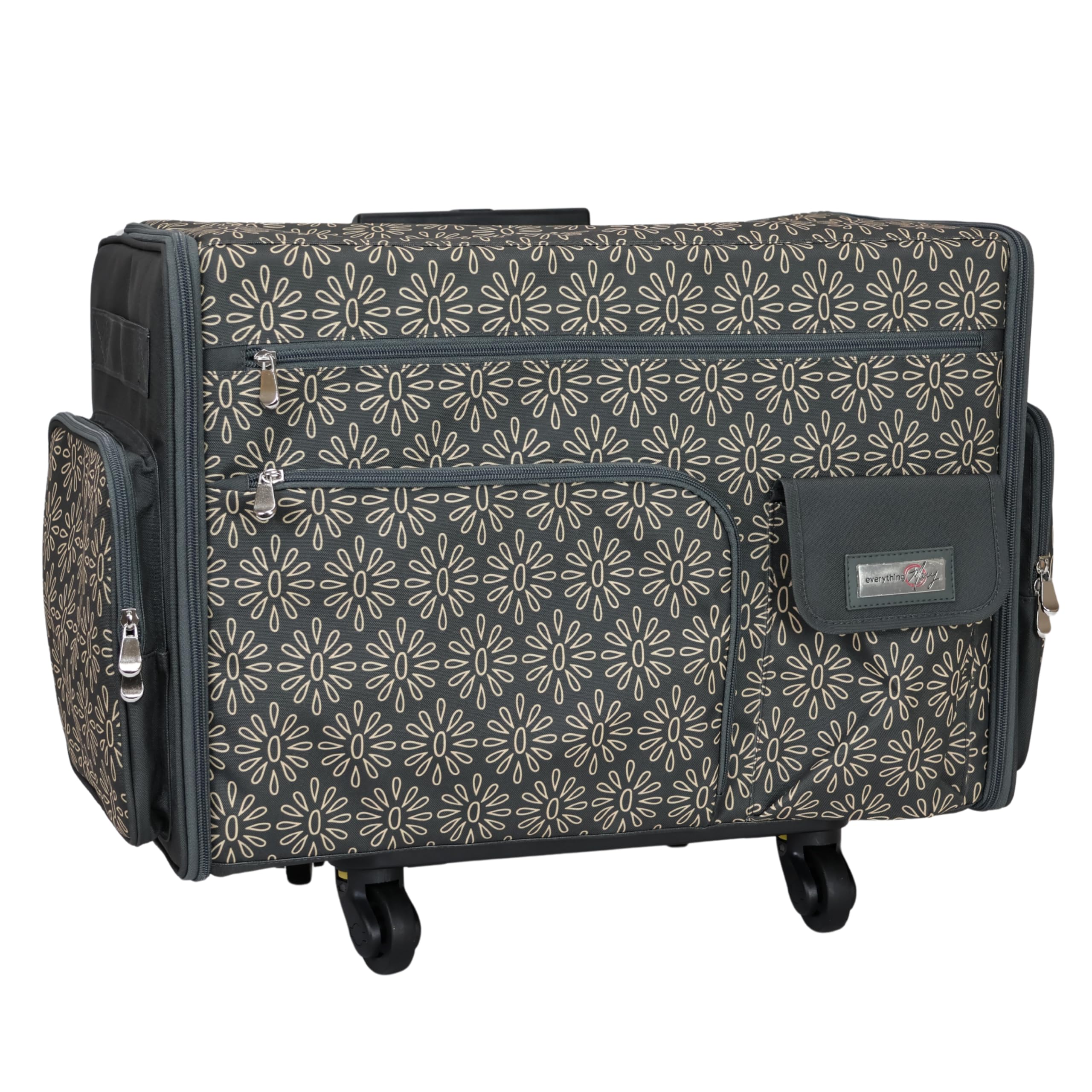 Everything Mary XL Flat-Top Rolling Sewing Machine Case – Tan Geo Craft Bag with Wheels – Portable Organizer for Sewing, Scrapbooking, Quilting & Craft Supplies