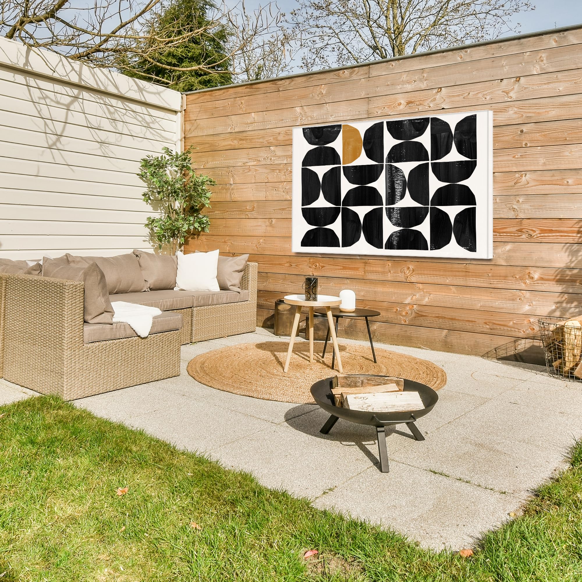 Gartenposter 120x80 cm Outdoor Wandbild Garten Deko Leinwand Gartendeko Terrasse Balkon Wetterfest Bild Außenbereich Wall Decor Draußen Abstrakte Kunst - Schwarz - Modern - Beige