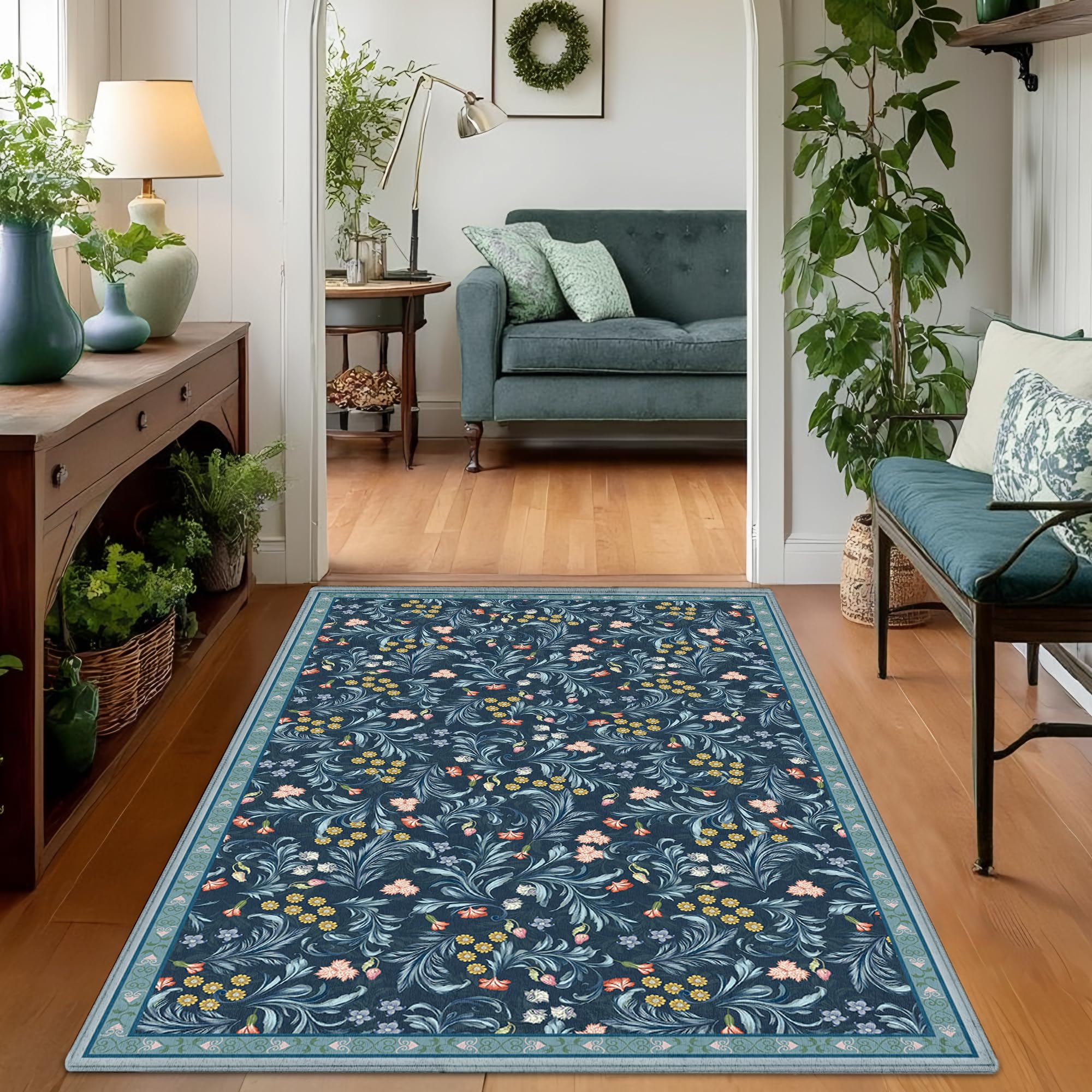 Blue Washable Area Rug 3x5, Boho Floral Low Pile Vintage Rug for Living Room Bedroom, Non-Slip Botanical Carpet for Farmhouse Dining Room Office Decor